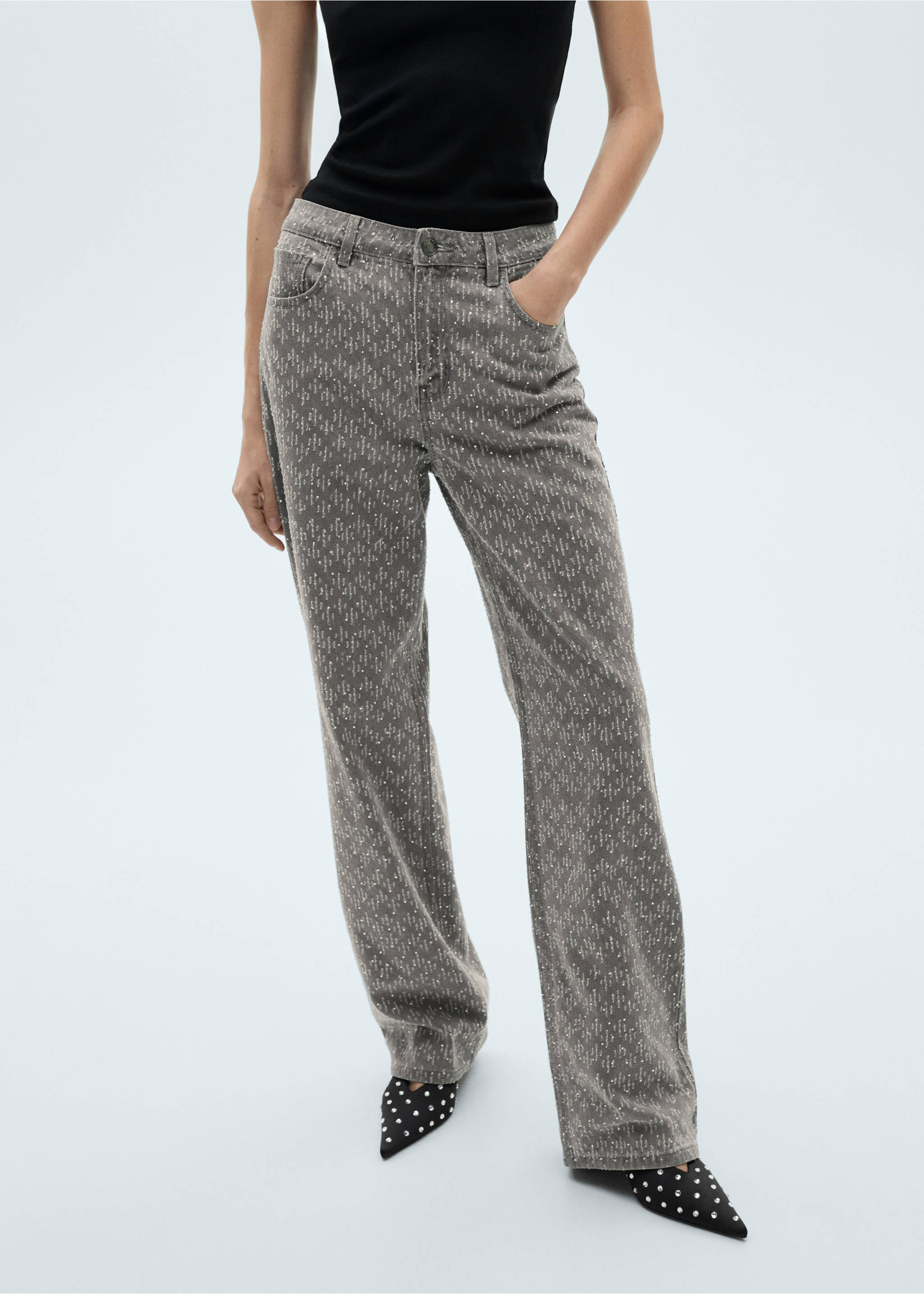 Straight-fit jeans with rhinestone detail - Medium plane, Denim Grey. Ref: 77019057-00.