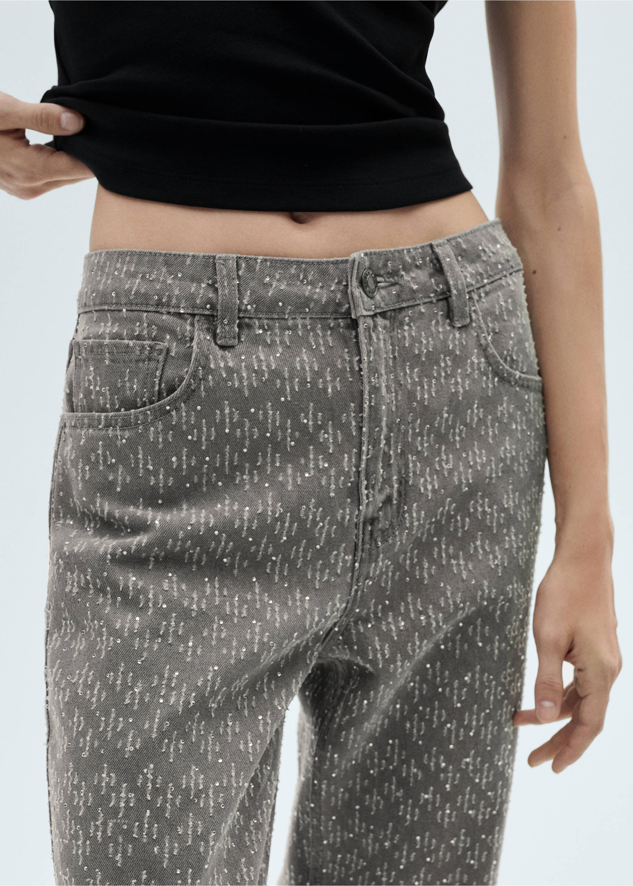 Straight-fit jeans with rhinestone detail - Details of the article 1, Denim Grey. Ref: 77019057-00.