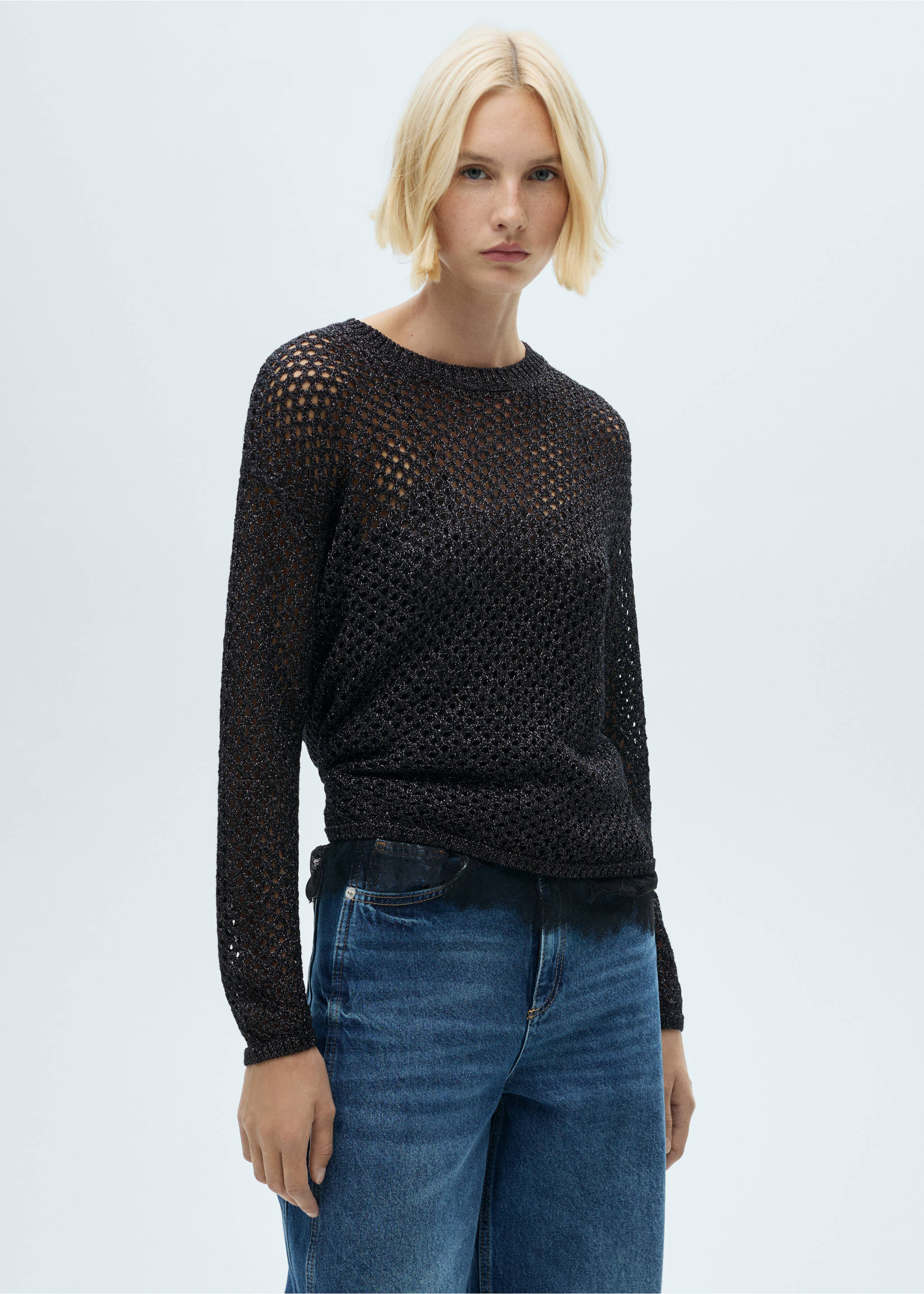 Openwork lurex knit sweater - Medium plane, Black. Ref: 77019079-00.
