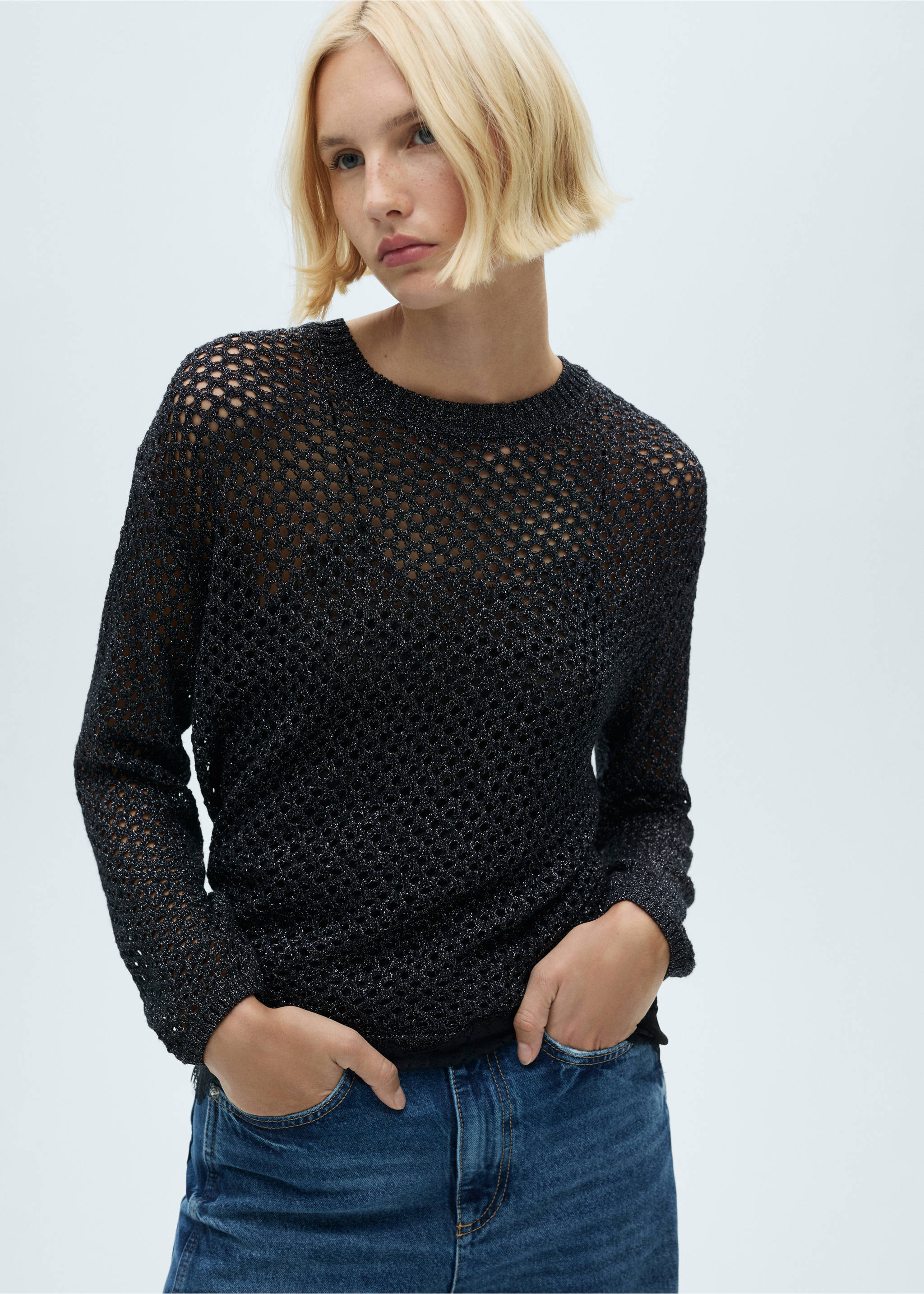 Openwork lurex knit sweater - Details of the article 2, Black. Ref: 77019079-00.