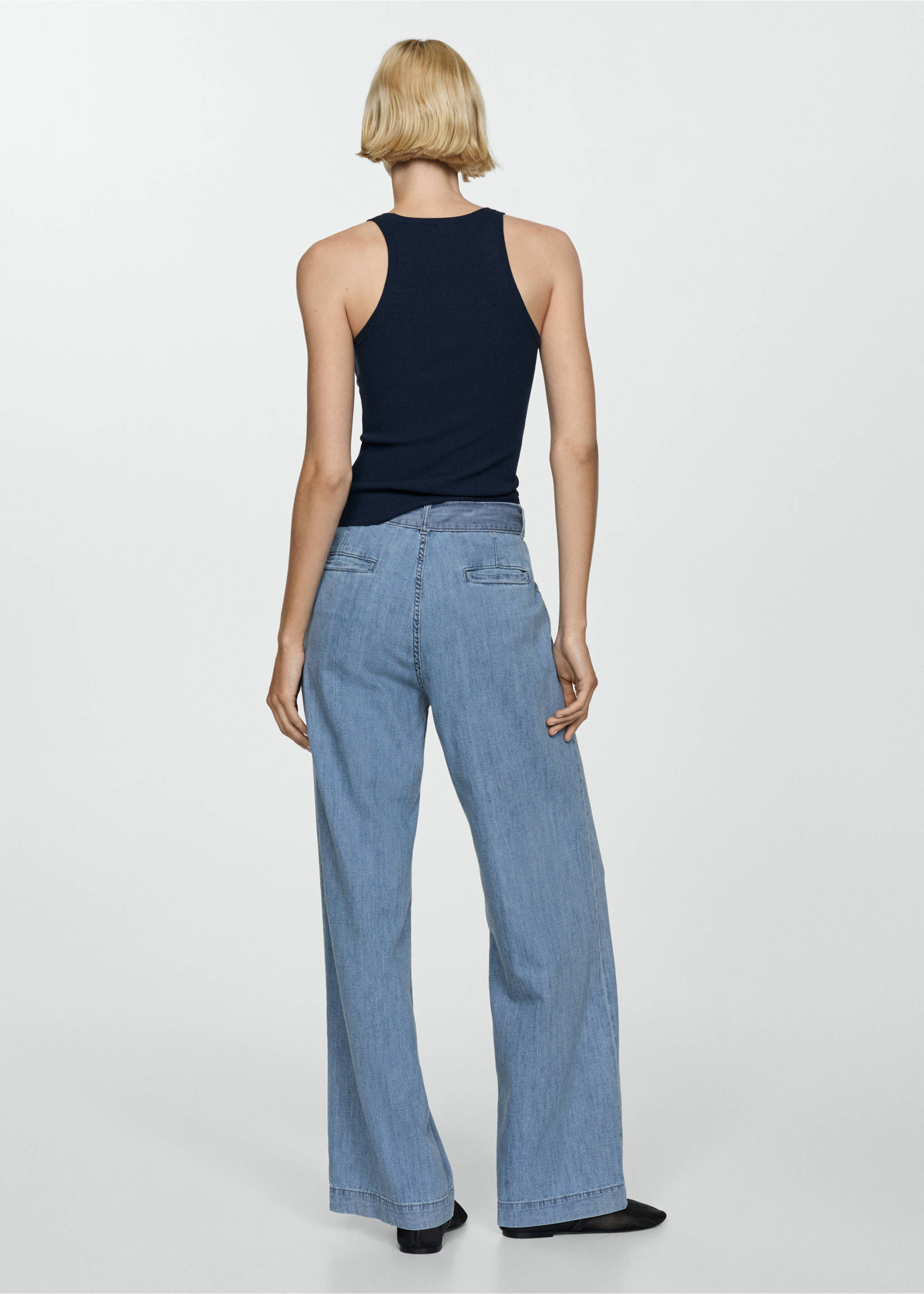 Flowy wide leg trousers with belt - Reverse of the article, Medium Blue. Ref: 77020284-00.