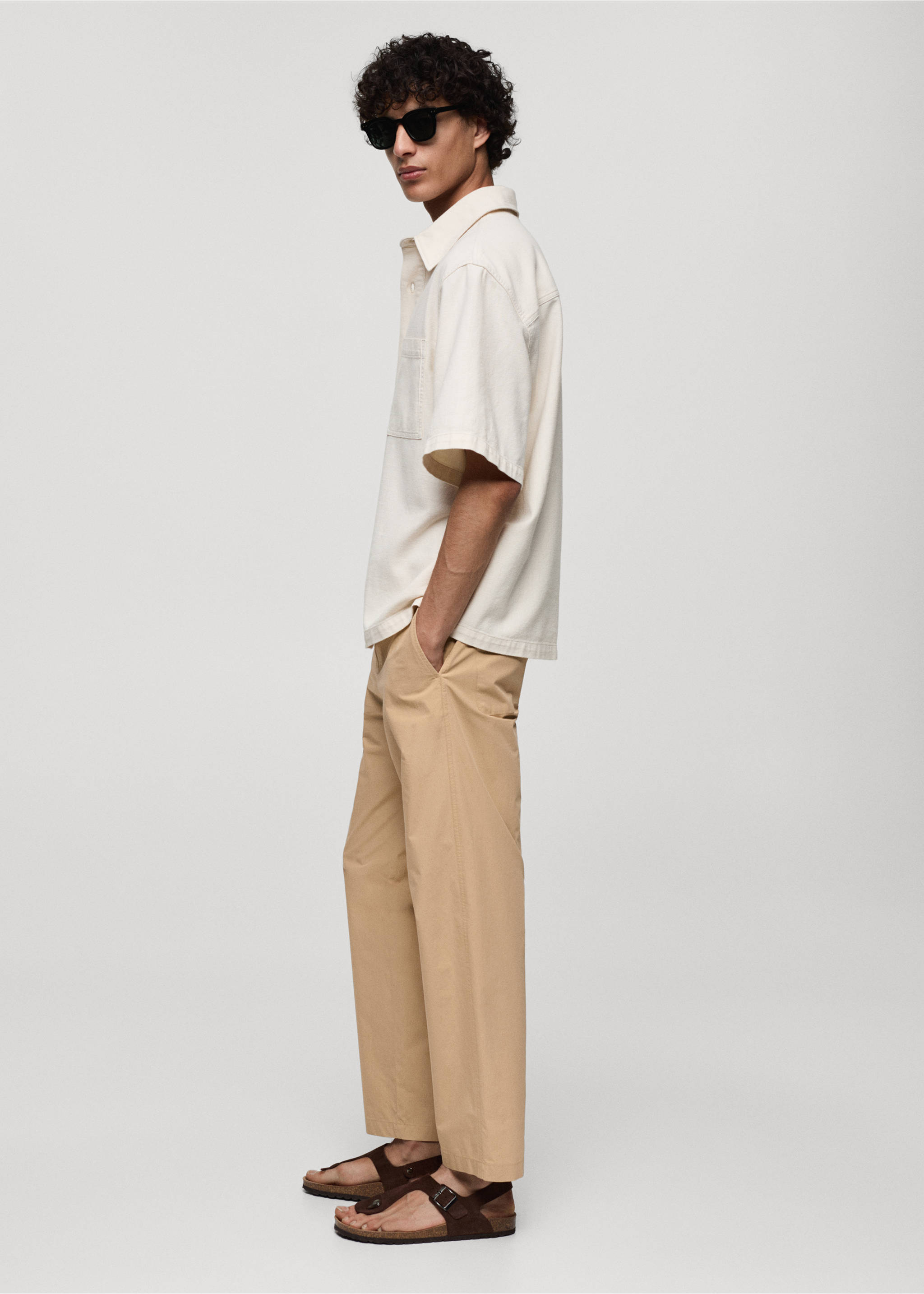 Drawstring cotton trousers - Details of the article 2, Beige. Ref: 77020568-00.