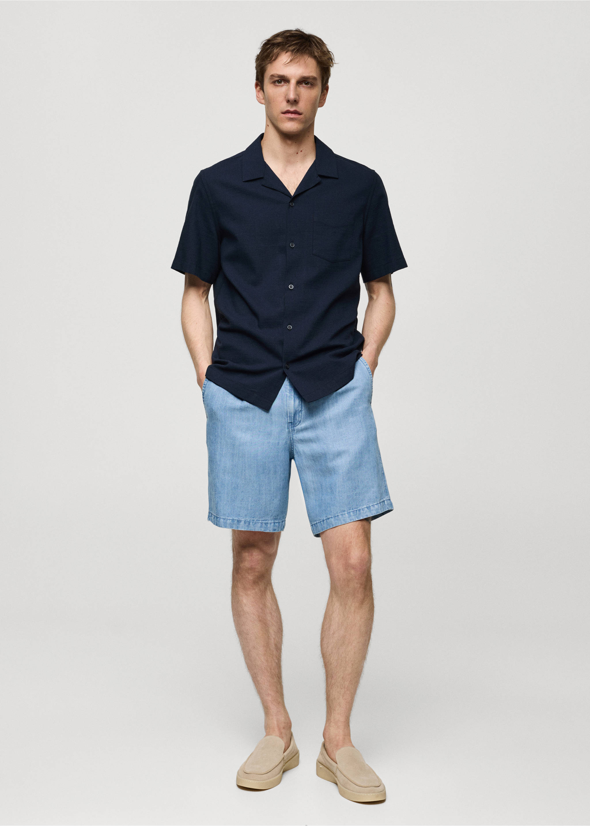 Hemp and lyocell-blend pleated bermuda shorts - General plane, Light Blue. Ref: 77020570-00.
