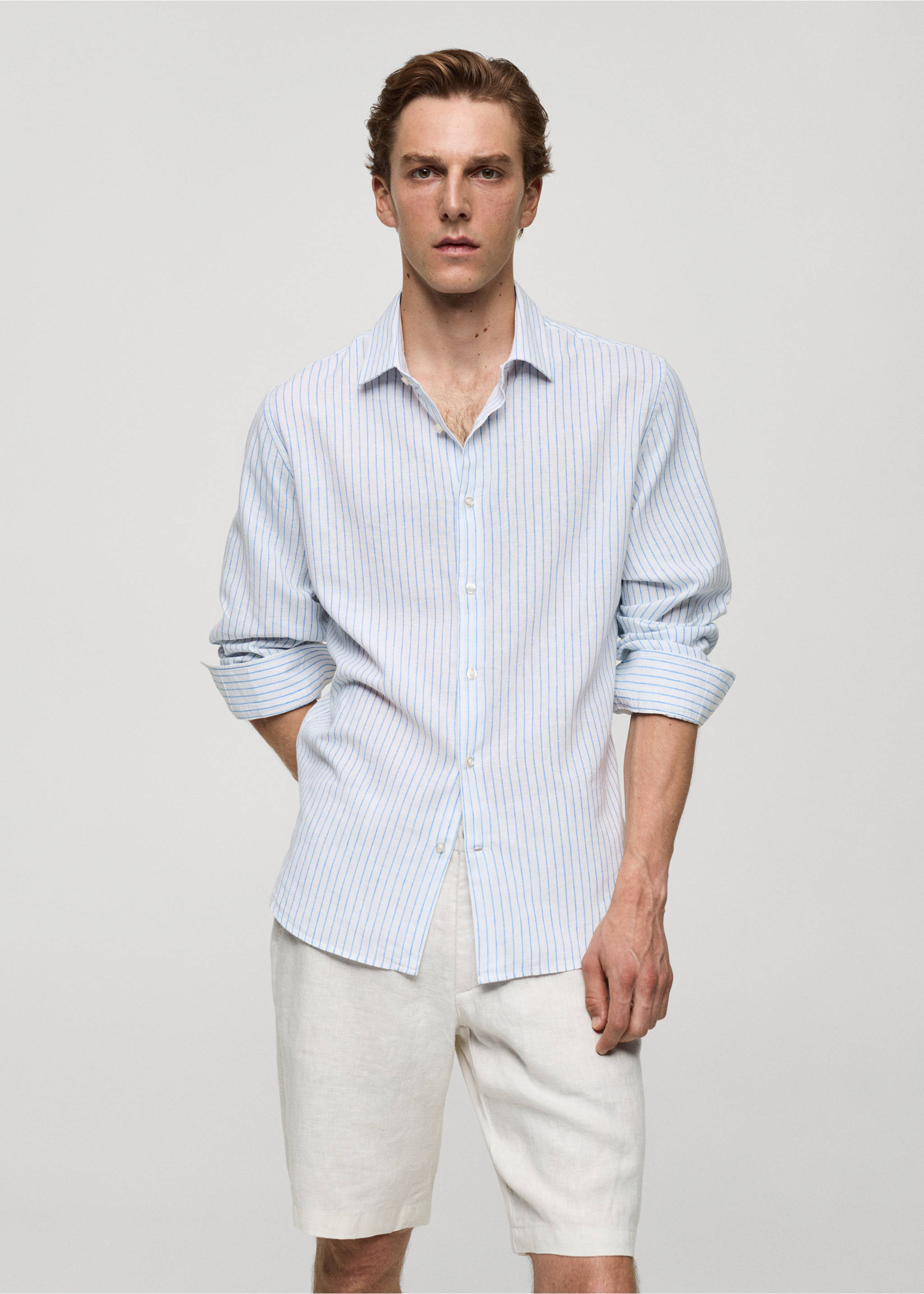 Regular-fit striped cotton-linen shirt - Medium plane, White. Ref: 77020579-00.