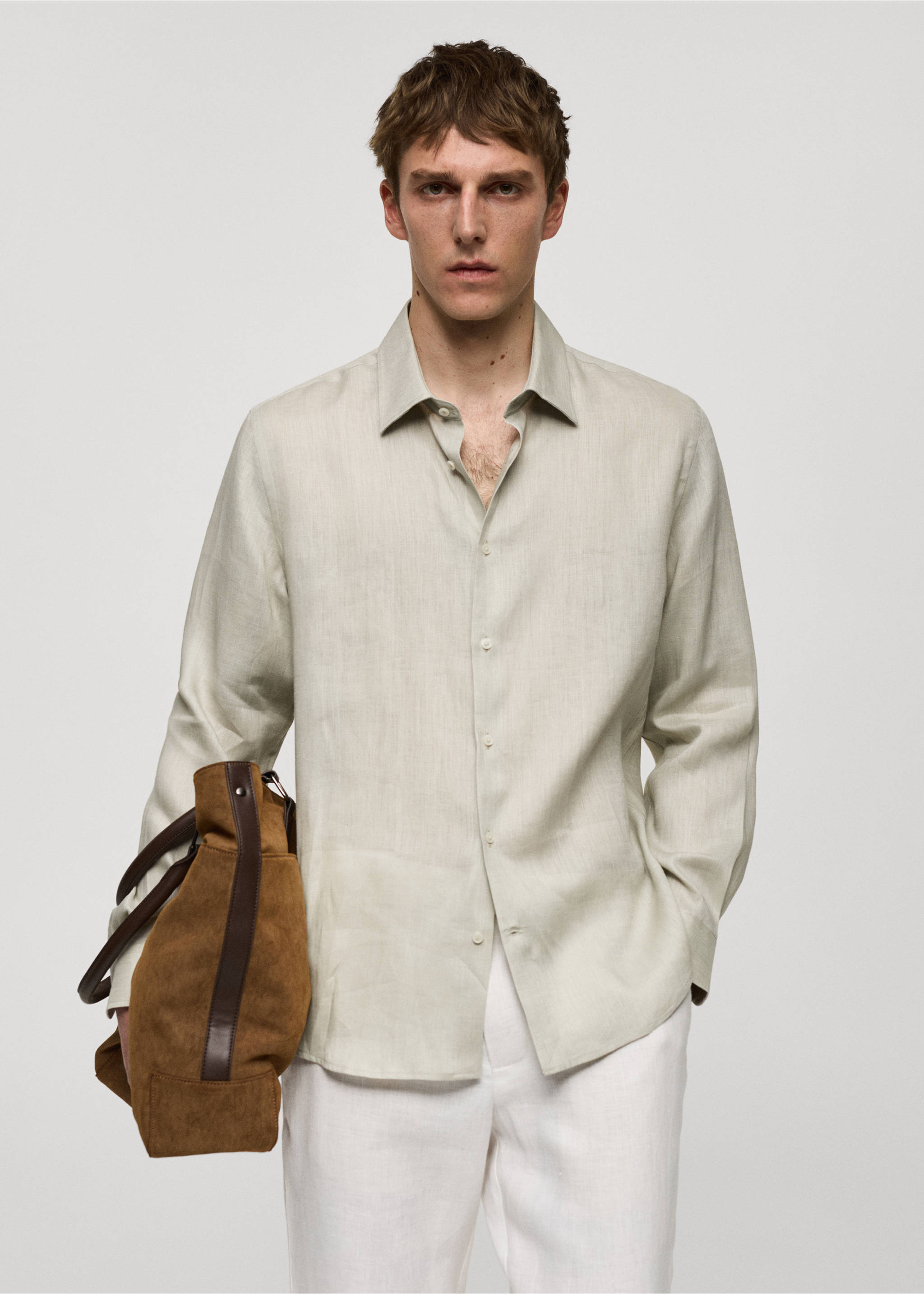 Regular-fit 100% linen shirt - Medium plane, Aqua Green. Ref: 77020580-00.