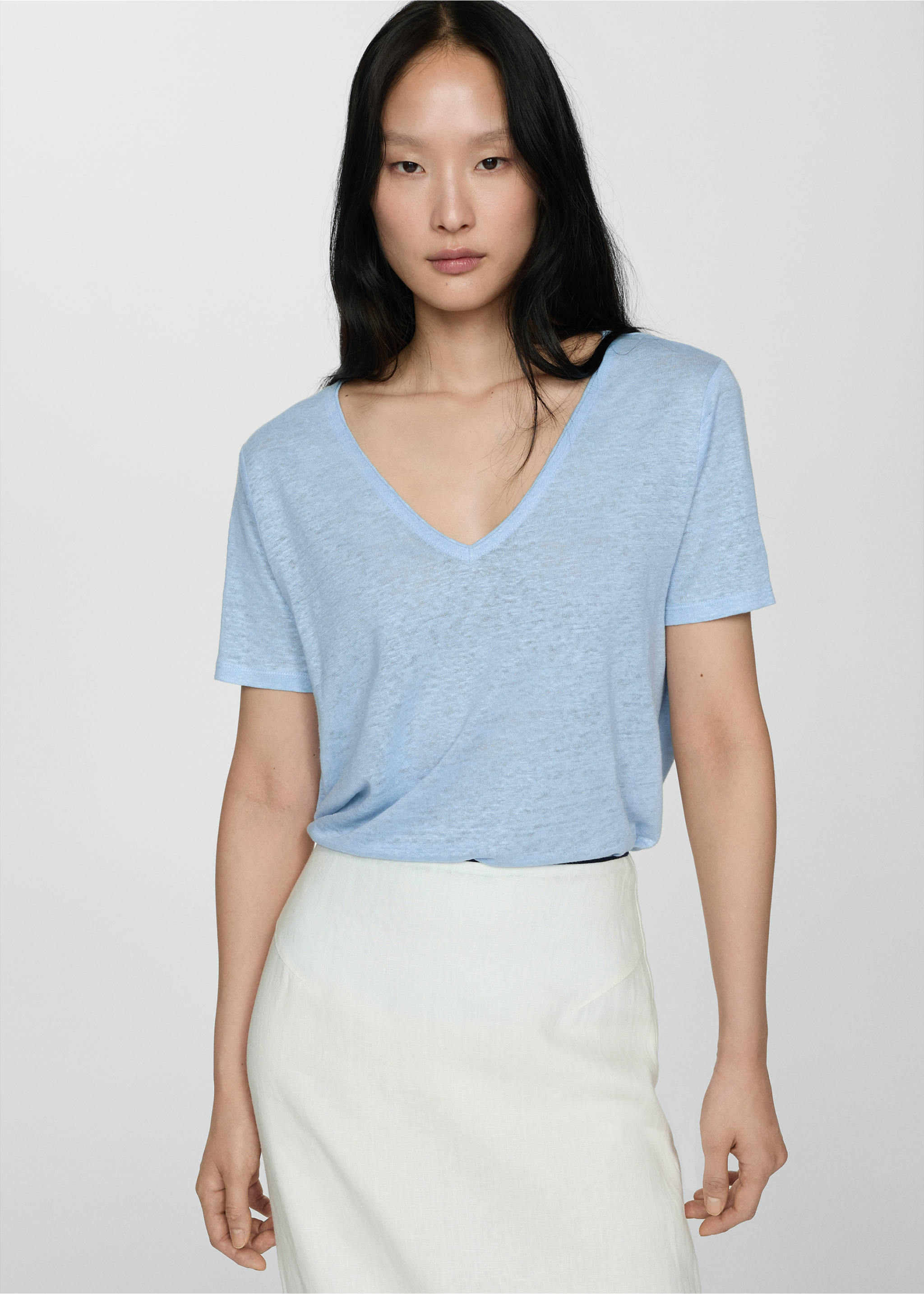 Short-sleeved linen t-shirt - Medium plane, Sky Blue. Ref: 77020583-00.