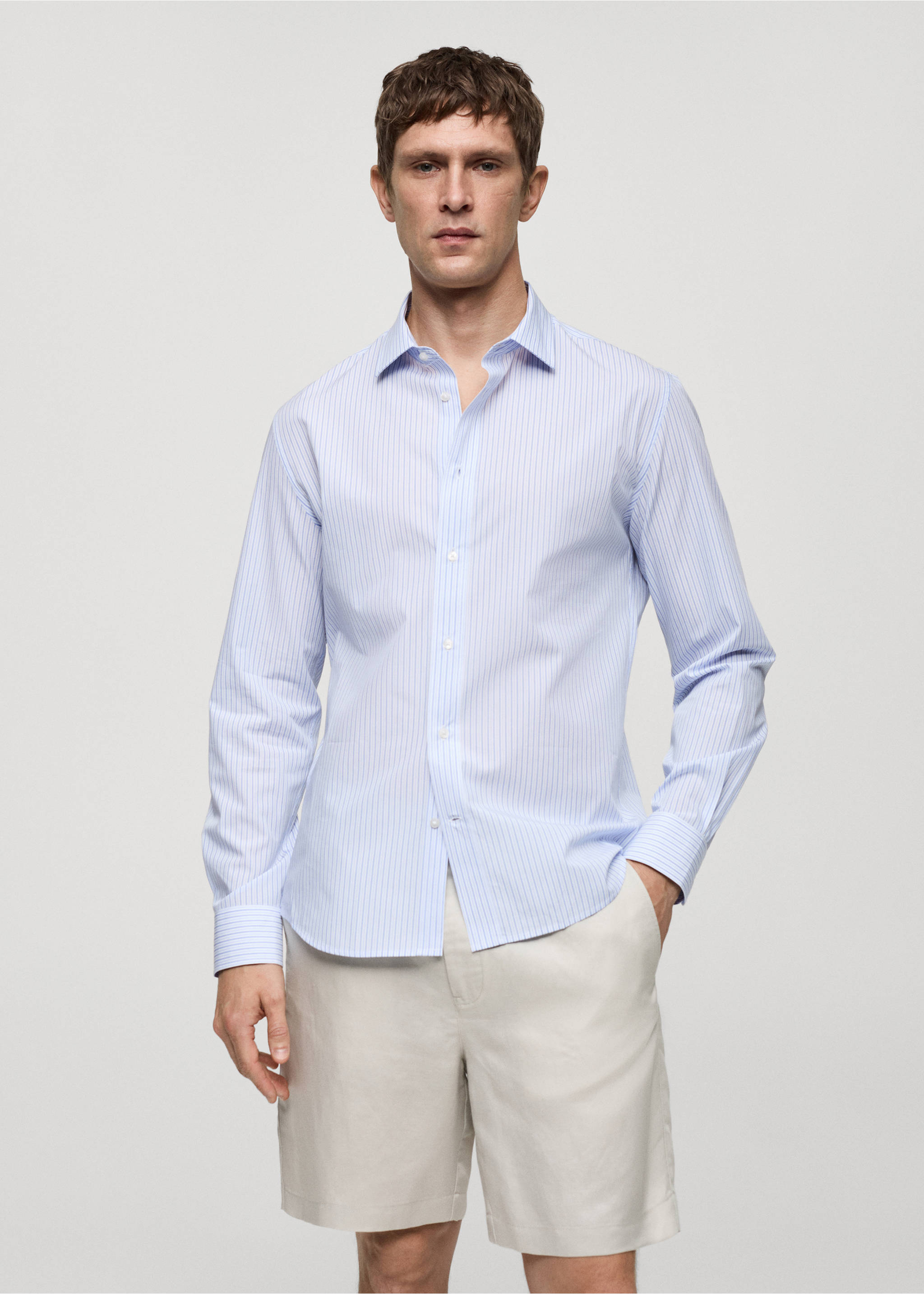 Regular-fit striped 100% cotton shirt - Medium plane, Blue. Ref: 77022537-00.
