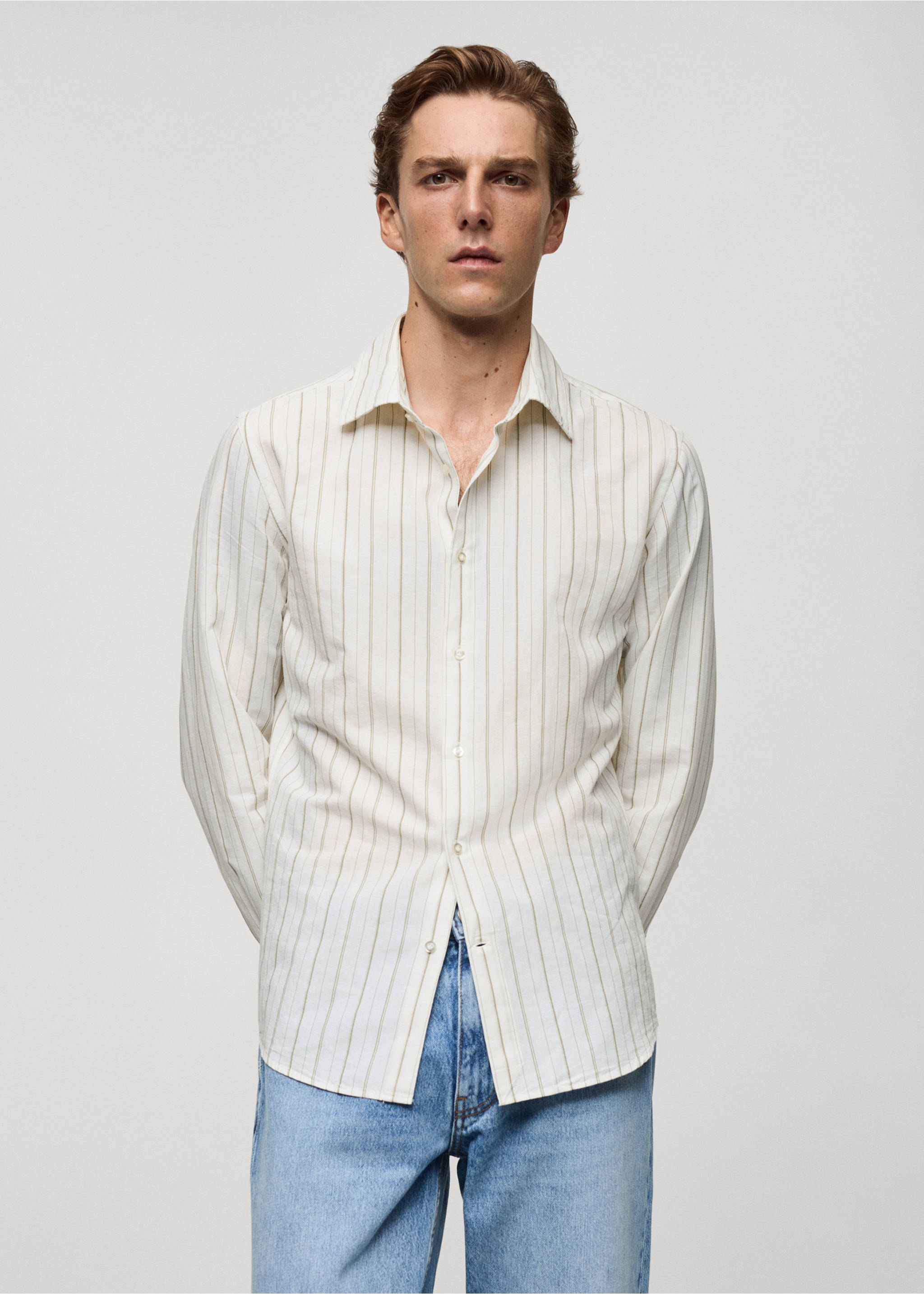 Regular-fit striped cotton-linen shirt - Medium plane, Khaki. Ref: 77022538-00.