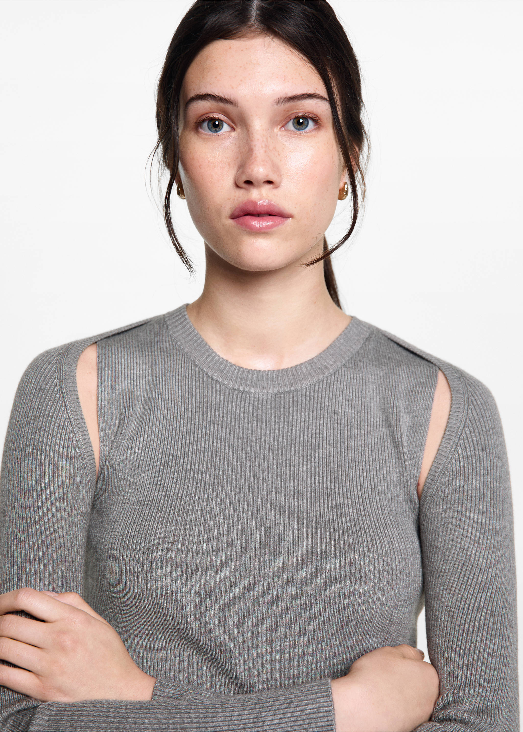Pull-over maille côtelée manchons - Détail de l'article 1, Gris. Ref: 77022934-00.