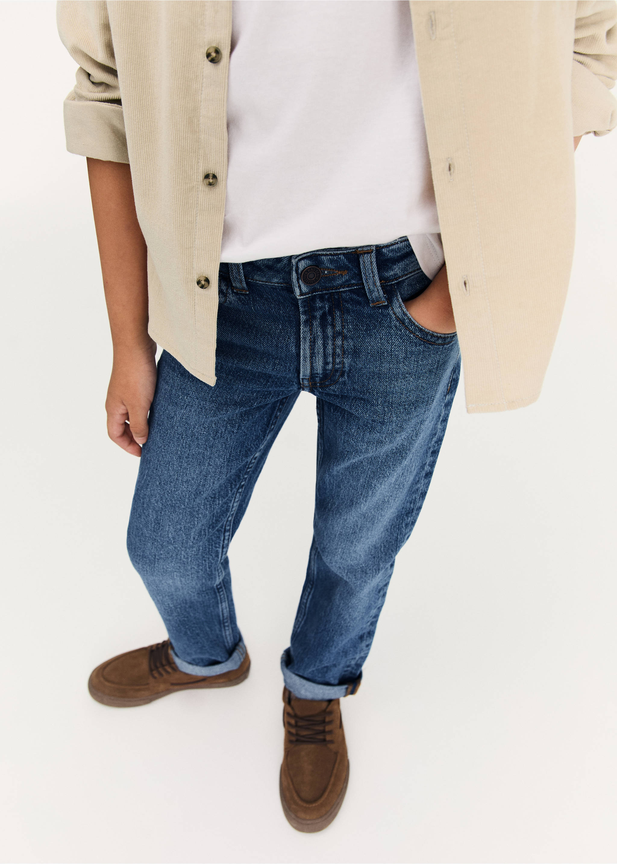 Straight jeans with turn-up - Details of the article 3, Dark Blue. Ref: 77023260-00.