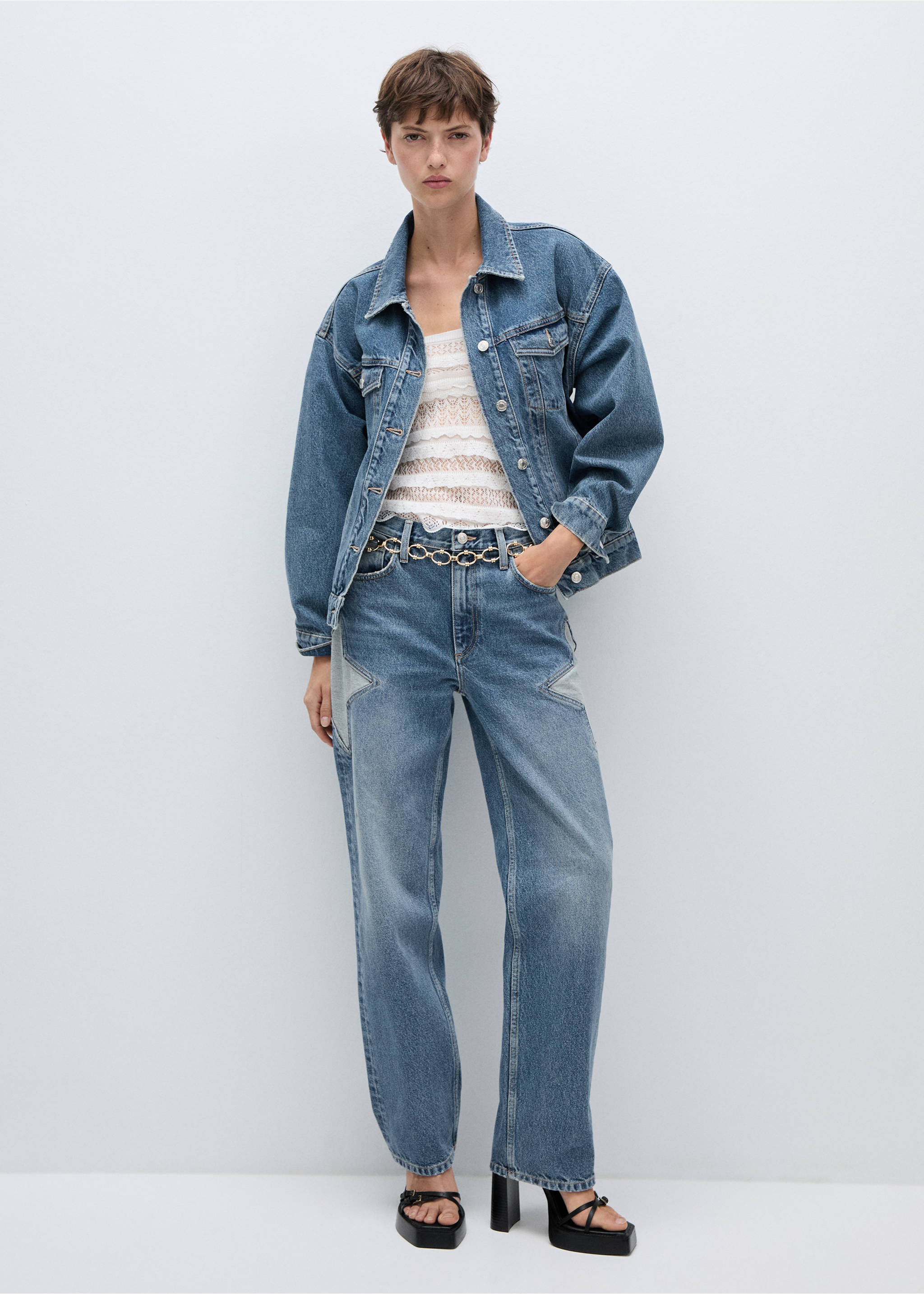 Straight-fit jeans with stars - General plane, Medium Blue. Ref: 77024067-00.