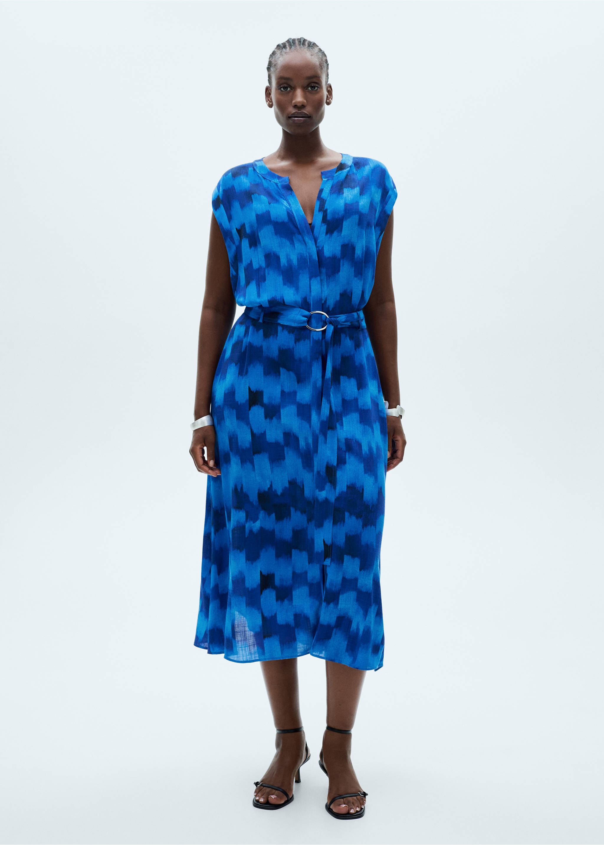 Belt printed dress - Details of the article 3, Blue. Ref: 77024072-00.