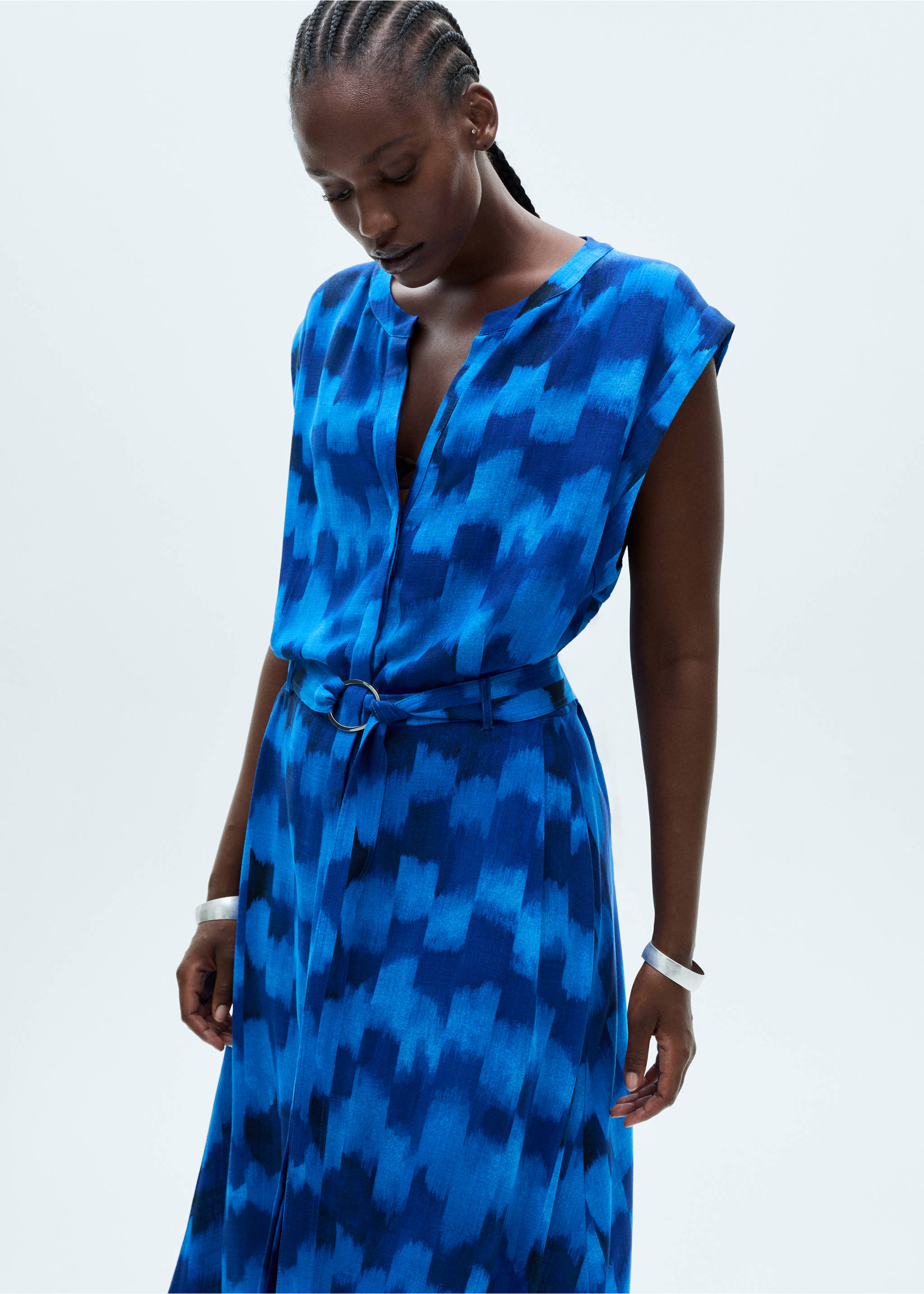 Belt printed dress - Details of the article 5, Blue. Ref: 77024072-00.