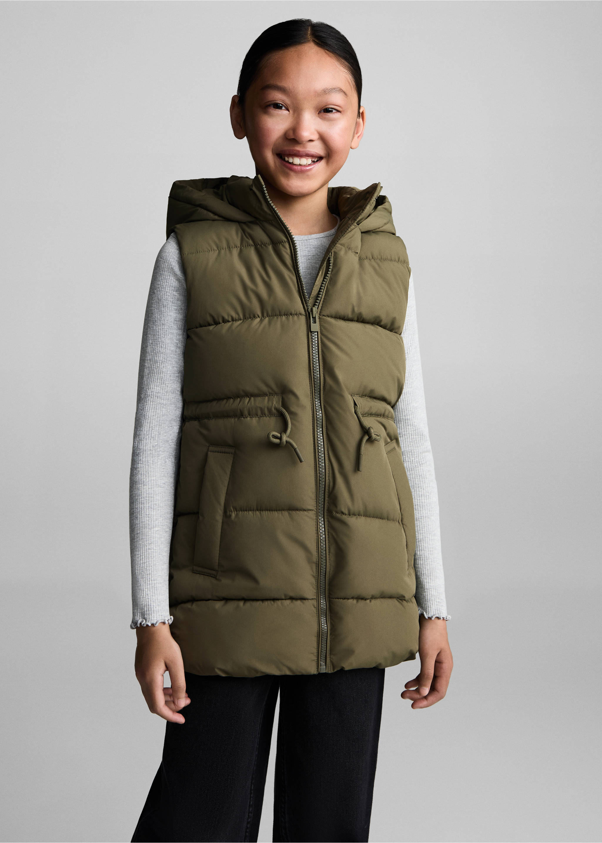 Chaleco acolchado largo - Plano medio, Khaki. Ref: 77024438-00.