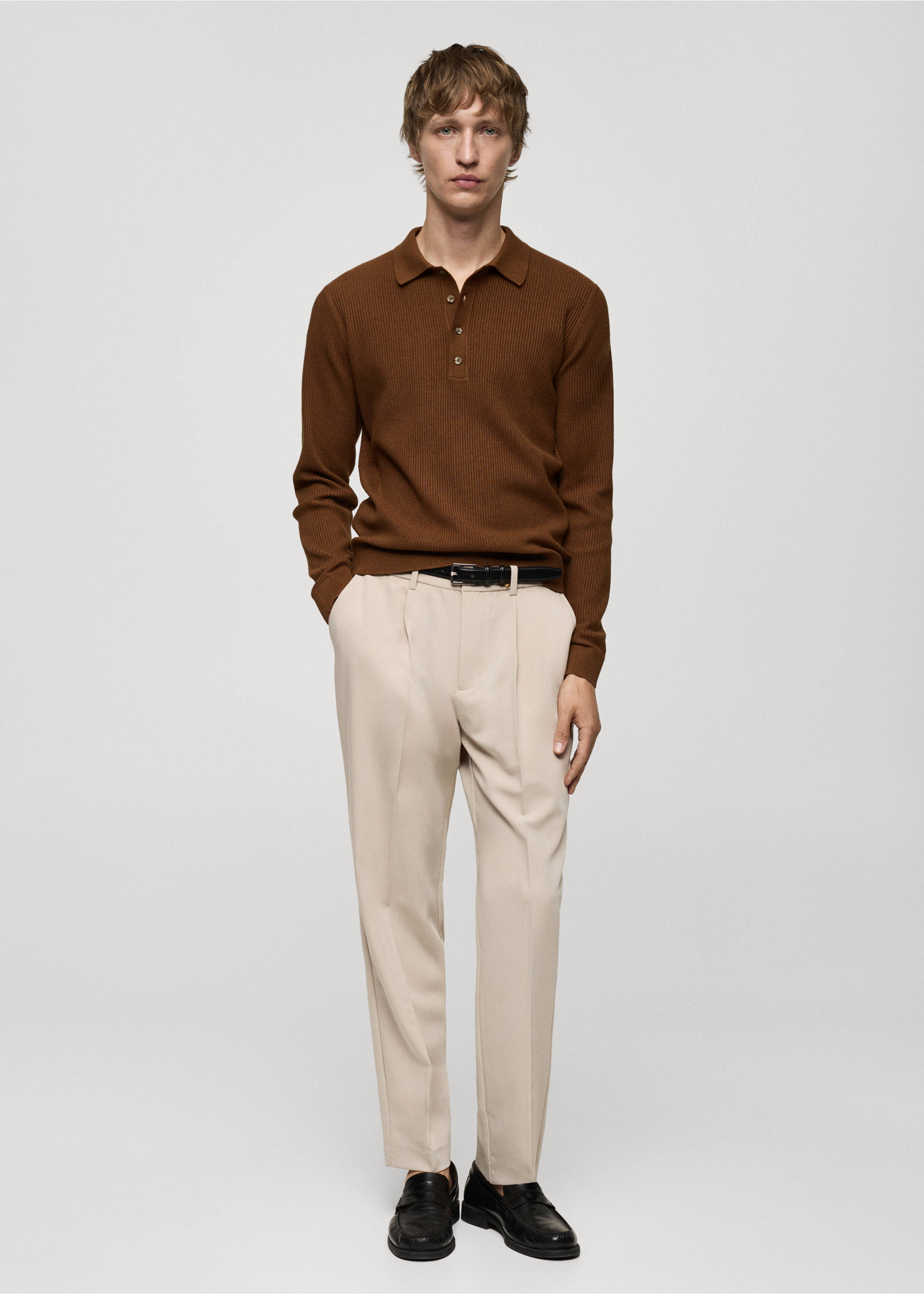 Cotton-blend ribbed polo sweater - General plane, Coffee. Ref: 77024445-00.
