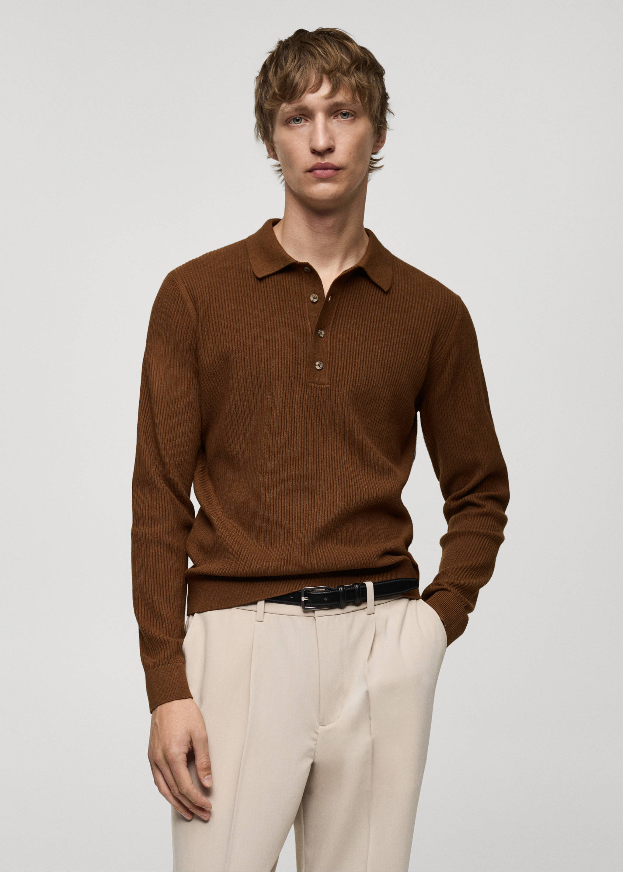 Cotton-blend ribbed polo sweater - Medium plane, Coffee. Ref: 77024445-00.