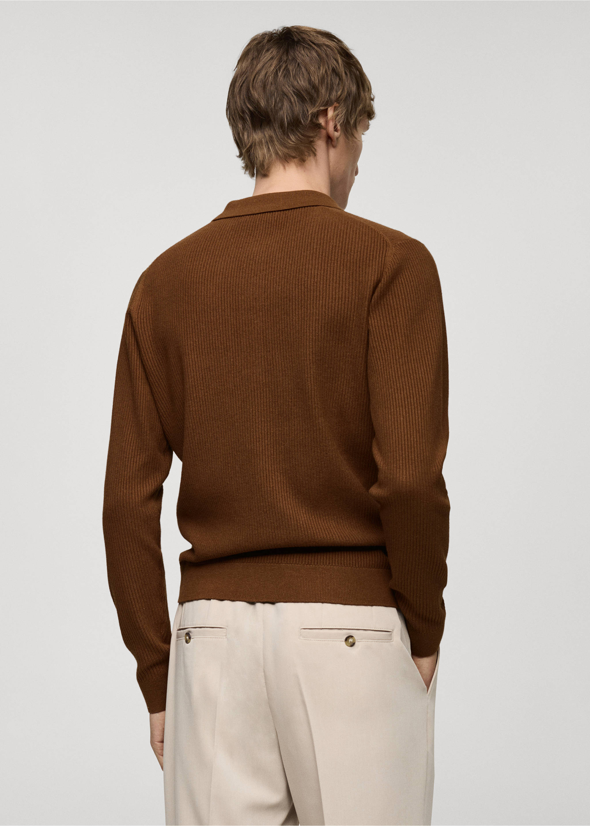 Cotton-blend ribbed polo sweater - Reverse of the article, Coffee. Ref: 77024445-00.