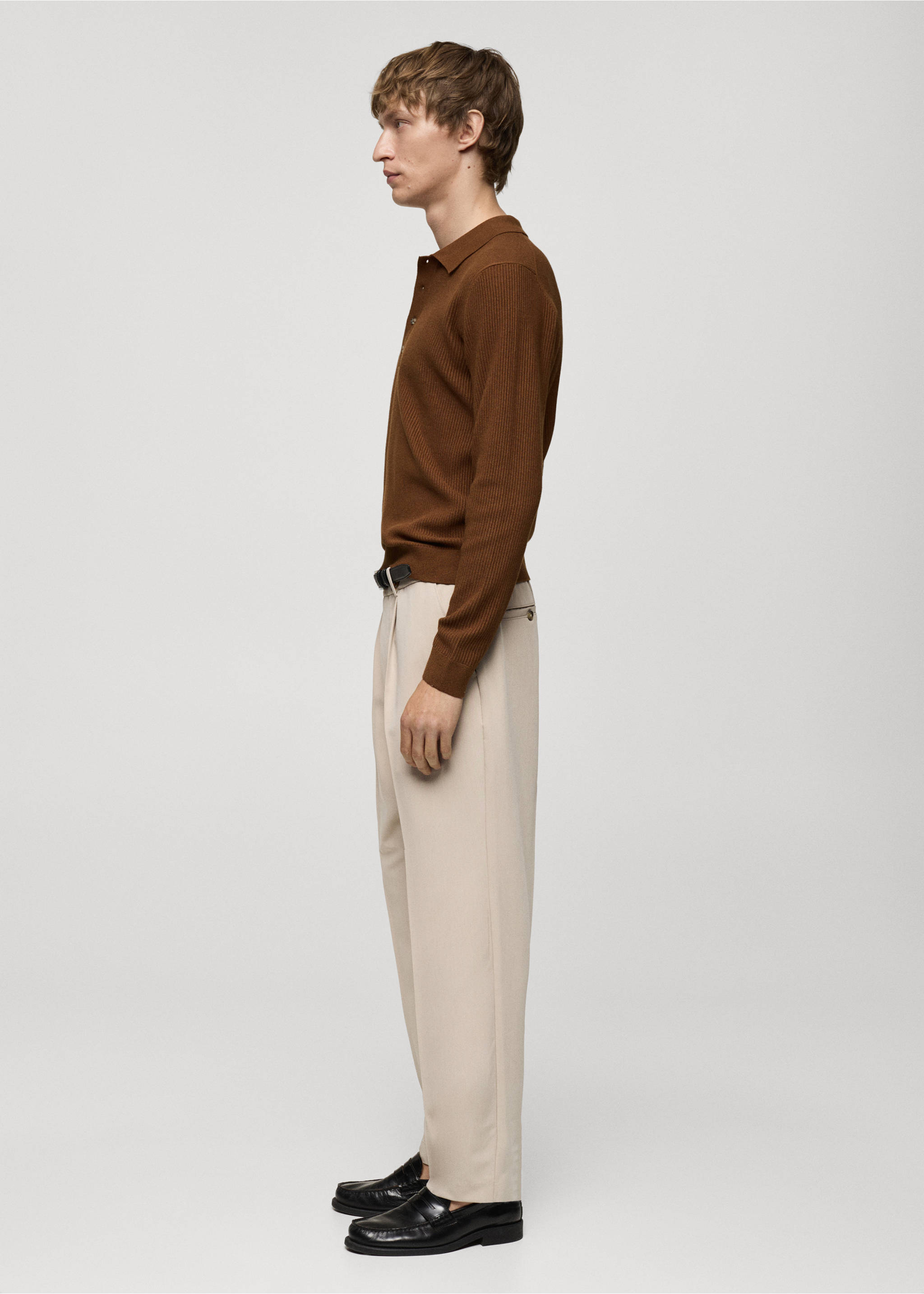 Cotton-blend ribbed polo sweater - Details of the article 2, Coffee. Ref: 77024445-00.