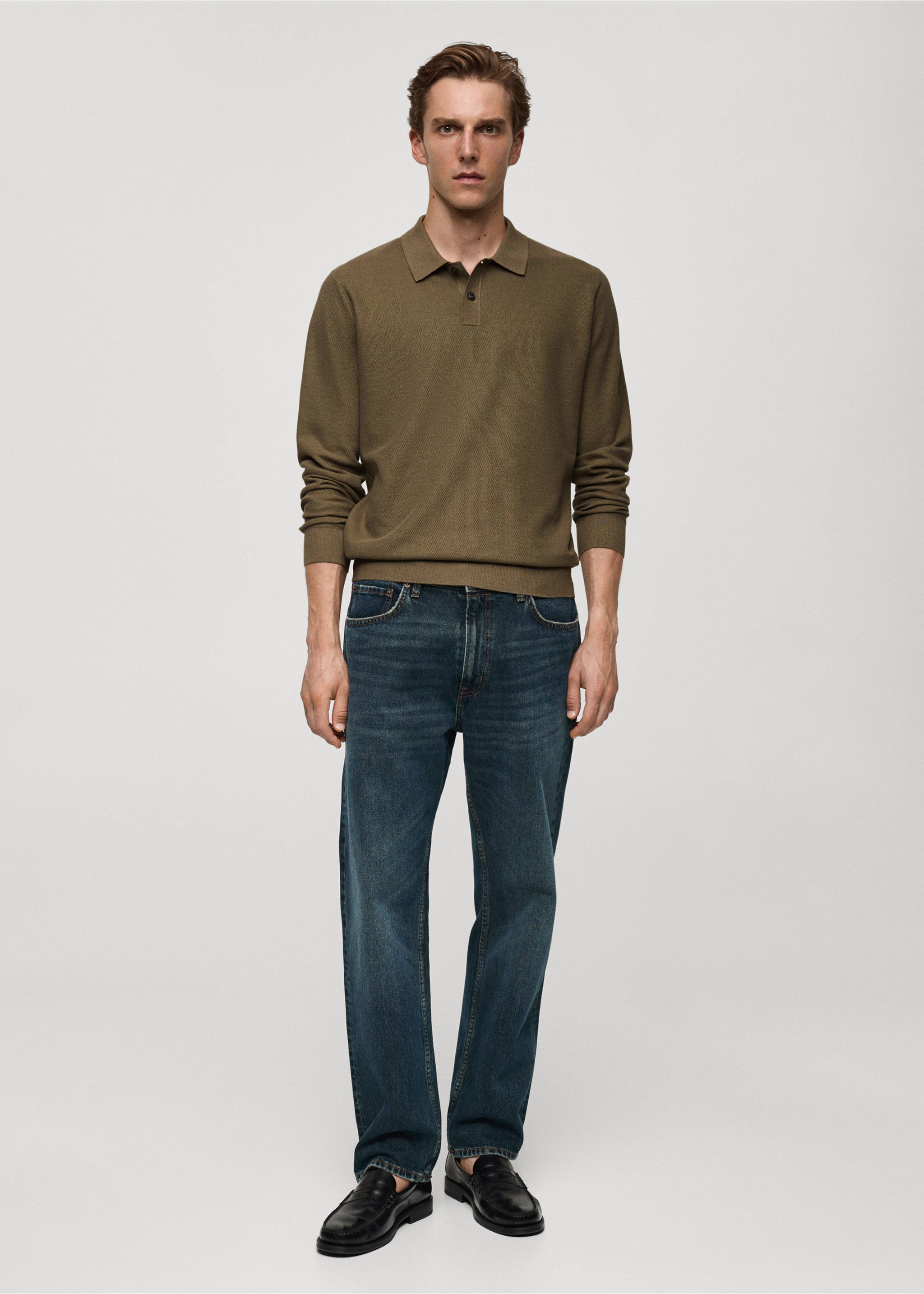 Knitted structured polo sweater - General plane, Medium Green. Ref: 77024449-00.