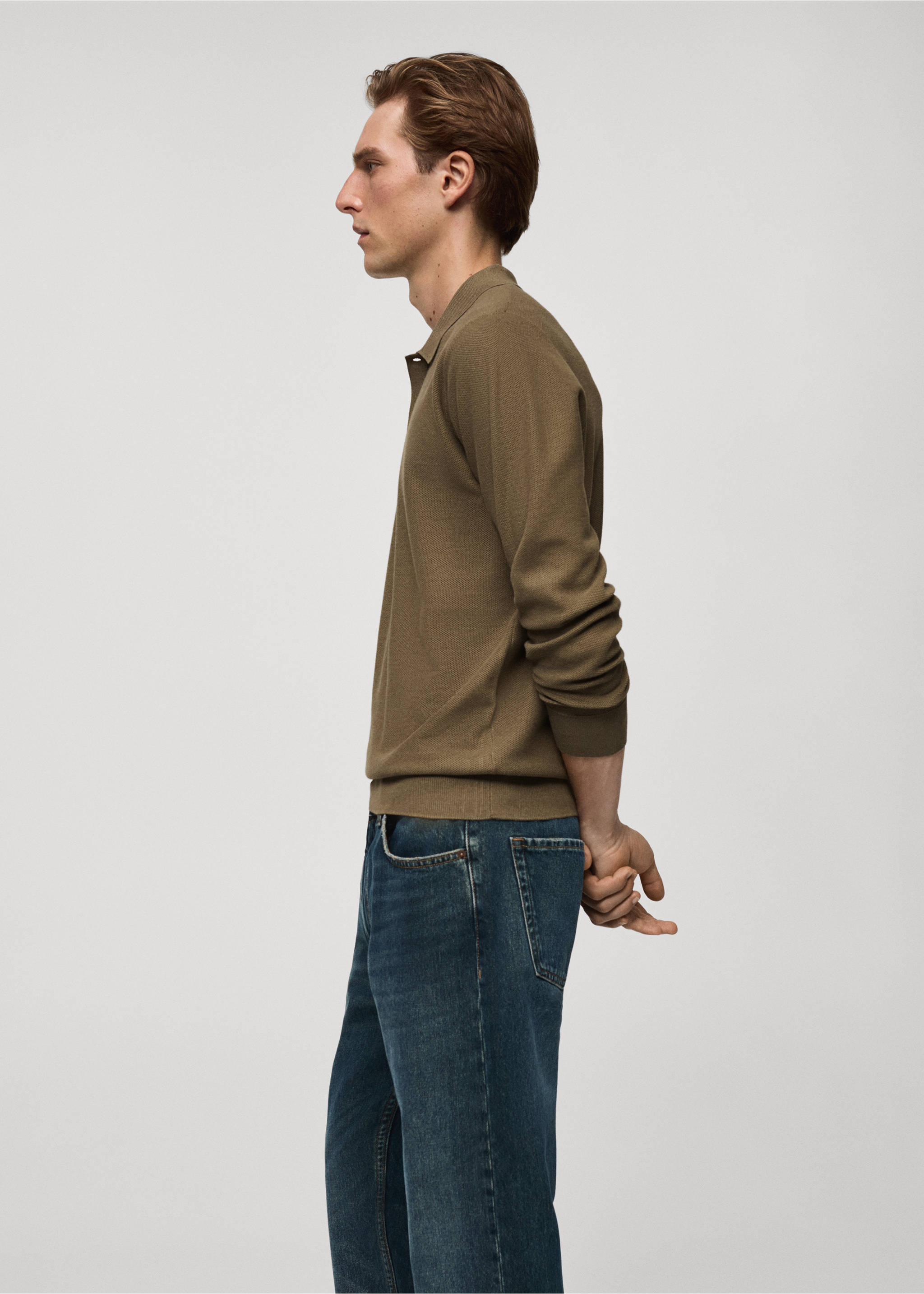 Knitted structured polo sweater - Details of the article 2, Medium Green. Ref: 77024449-00.