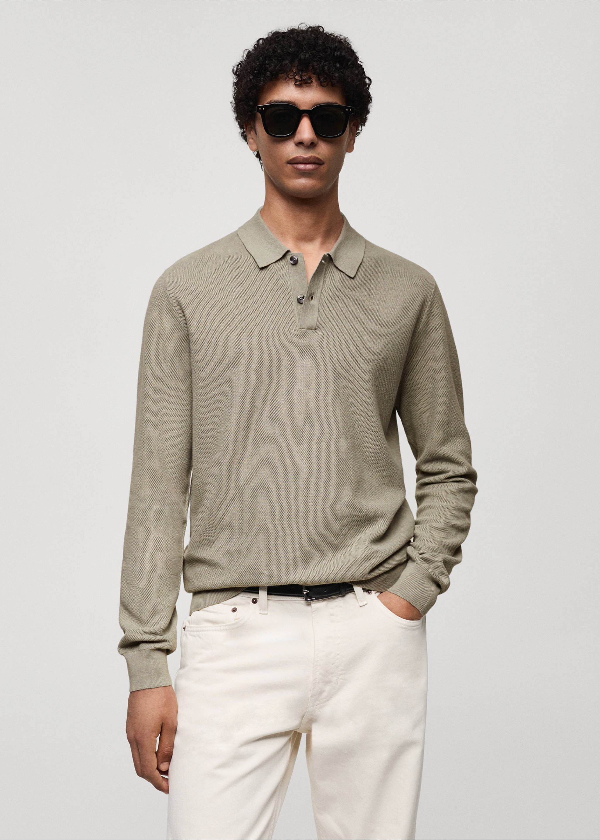 Knitted structured polo sweater - Medium plane, Pastel Green. Ref: 77024449-00.