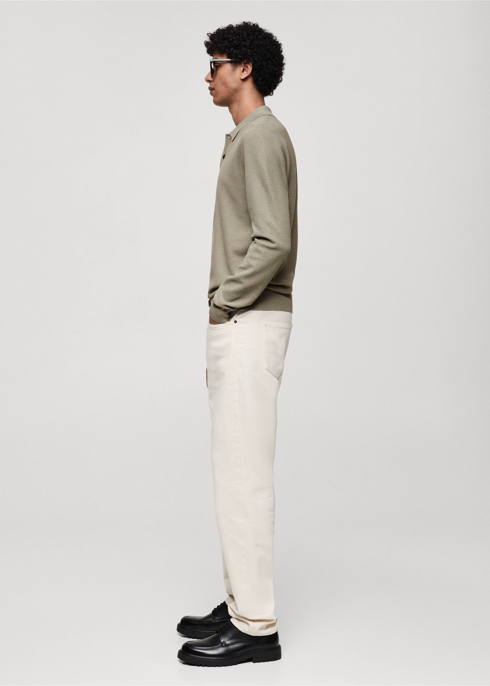 Knitted structured polo sweater - Details of the article 2, Pastel Green. Ref: 77024449-00.
