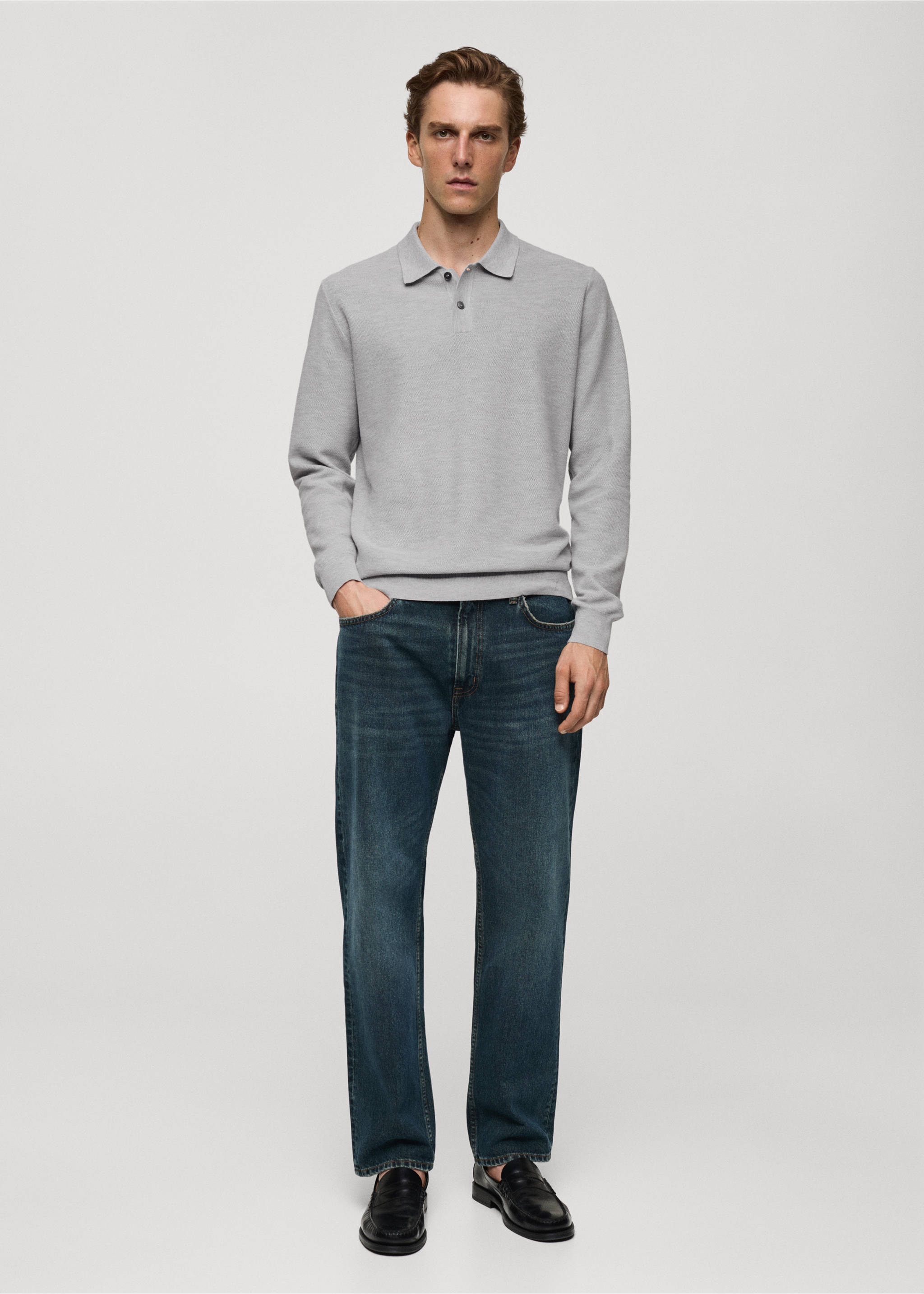 Knitted structured polo sweater - General plane, Medium Heather Grey. Ref: 77024449-00.