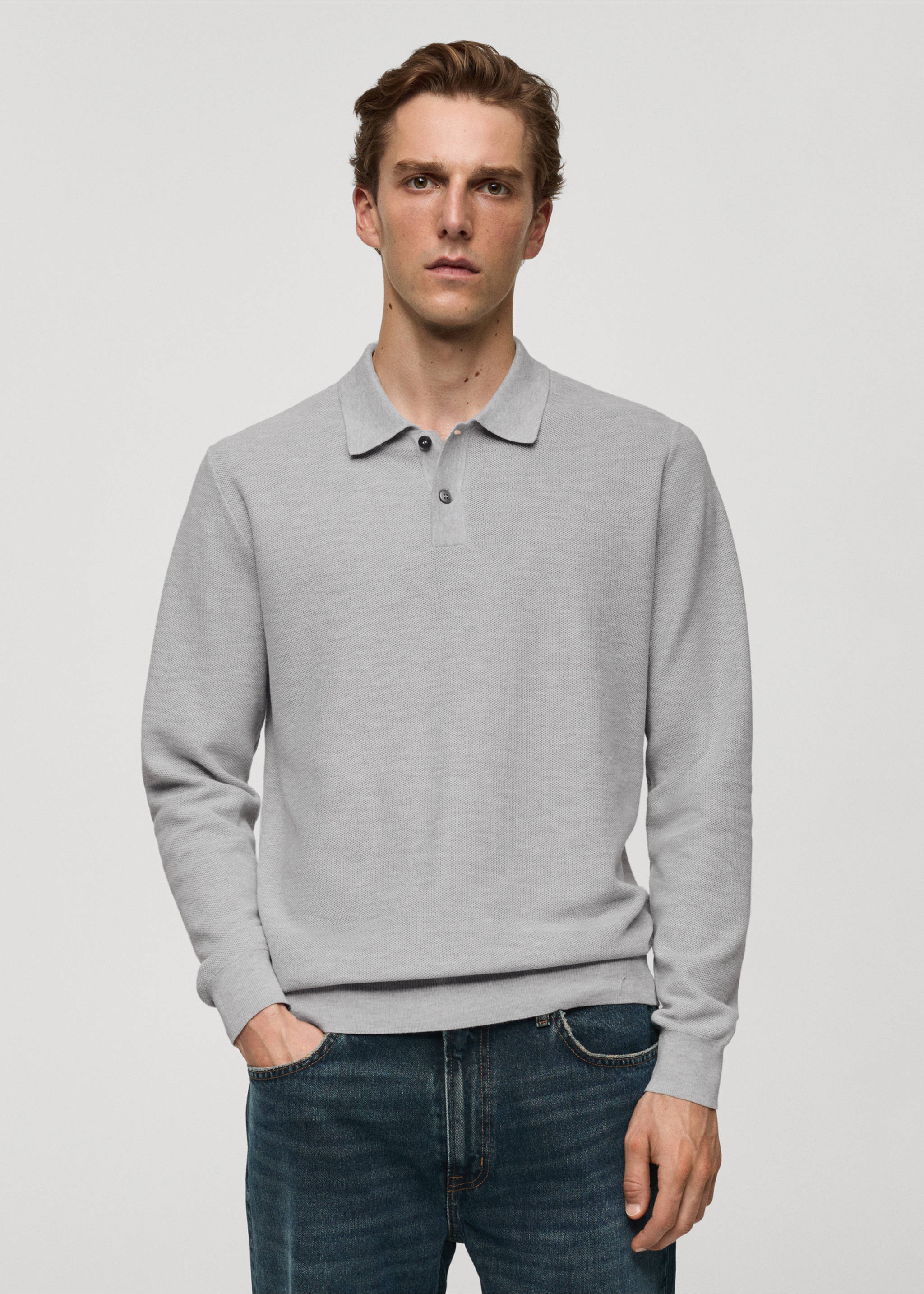 Knitted structured polo sweater - Medium plane, Medium Heather Grey. Ref: 77024449-00.
