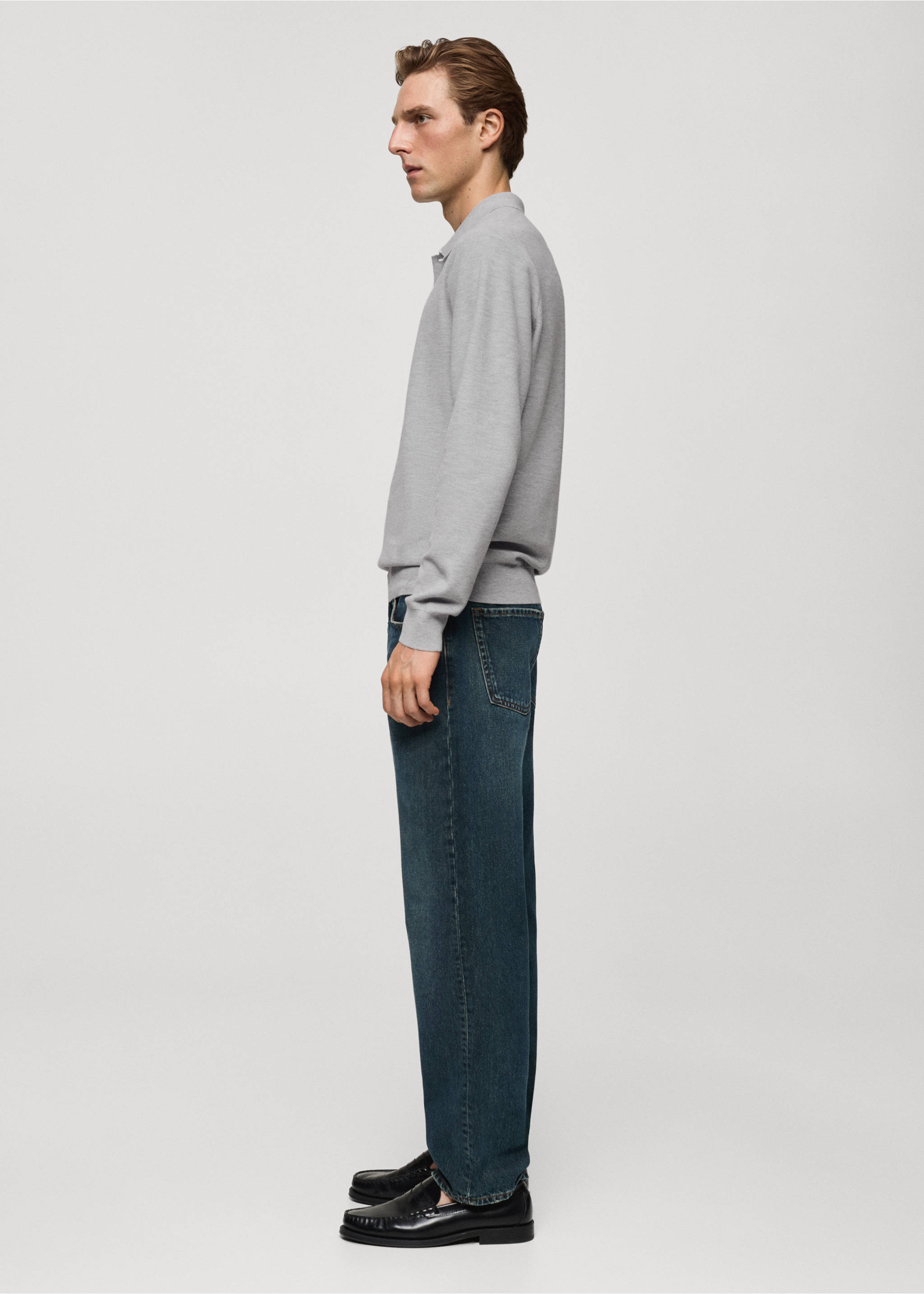 Knitted structured polo sweater - Details of the article 2, Medium Heather Grey. Ref: 77024449-00.