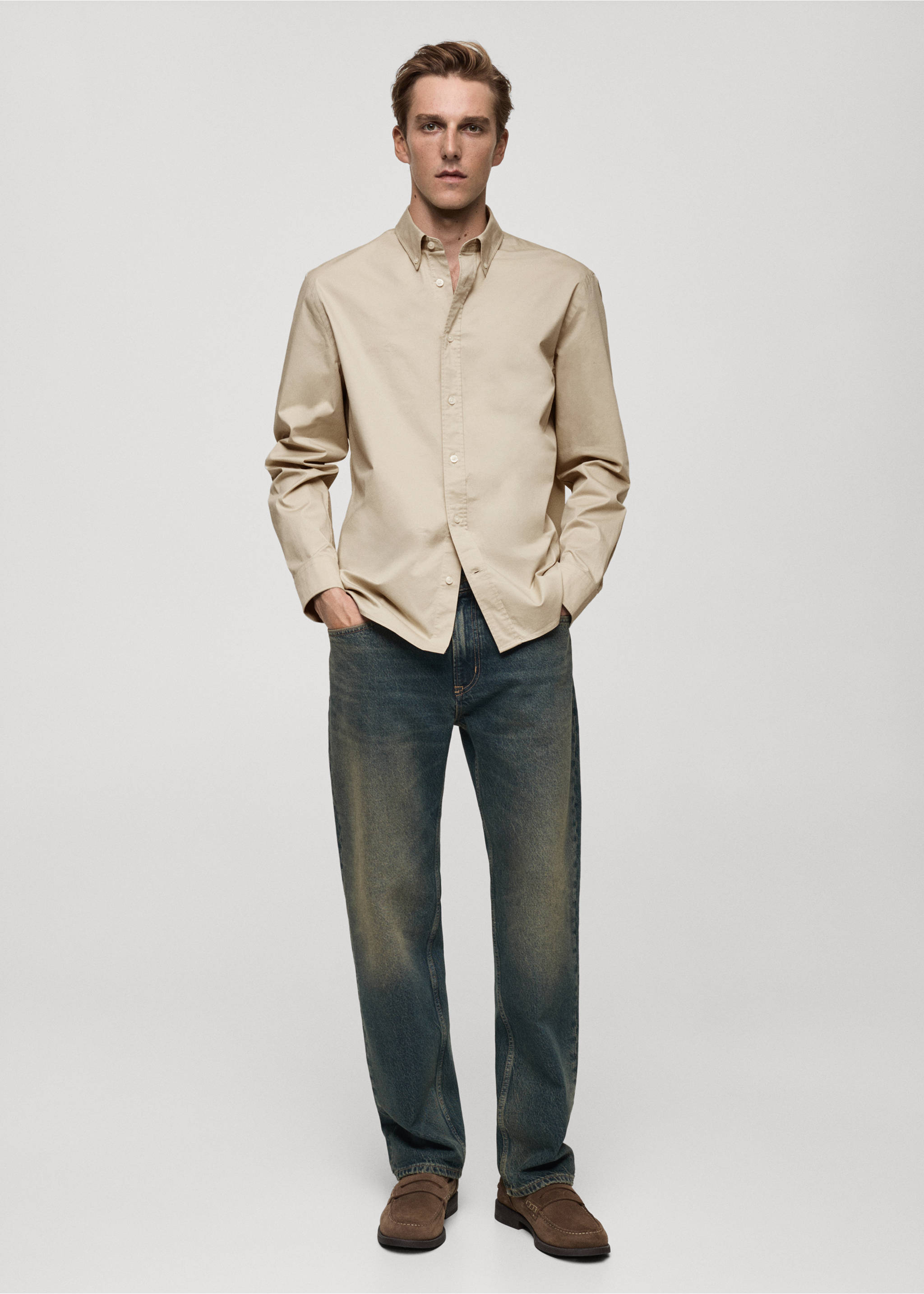 Regular fit cotton shirt - General plane, Beige. Ref: 77024452-00.