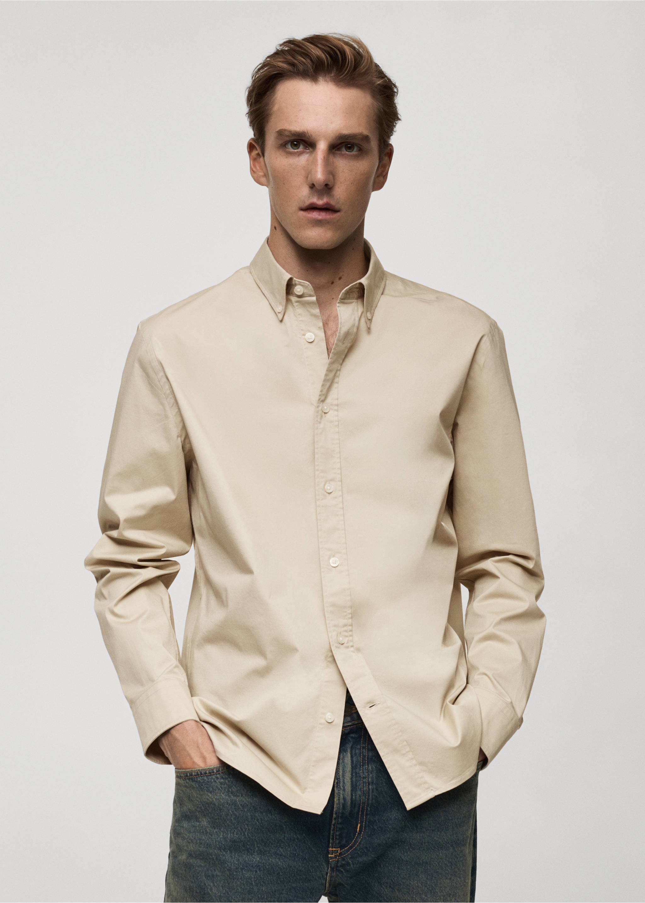 Regular fit cotton shirt - Medium plane, Beige. Ref: 77024452-00.