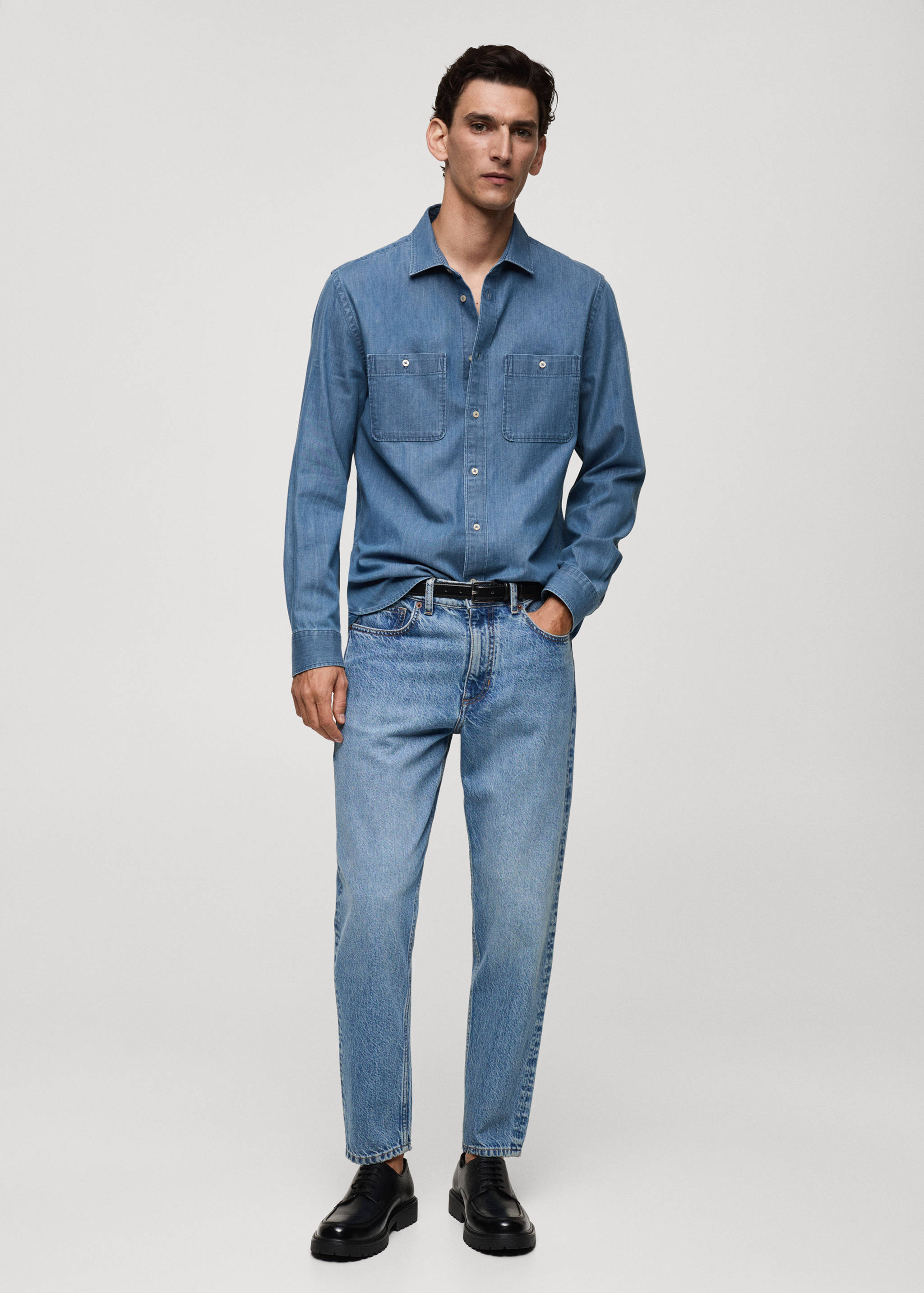Denim overshirt with regular fit pockets - General plane