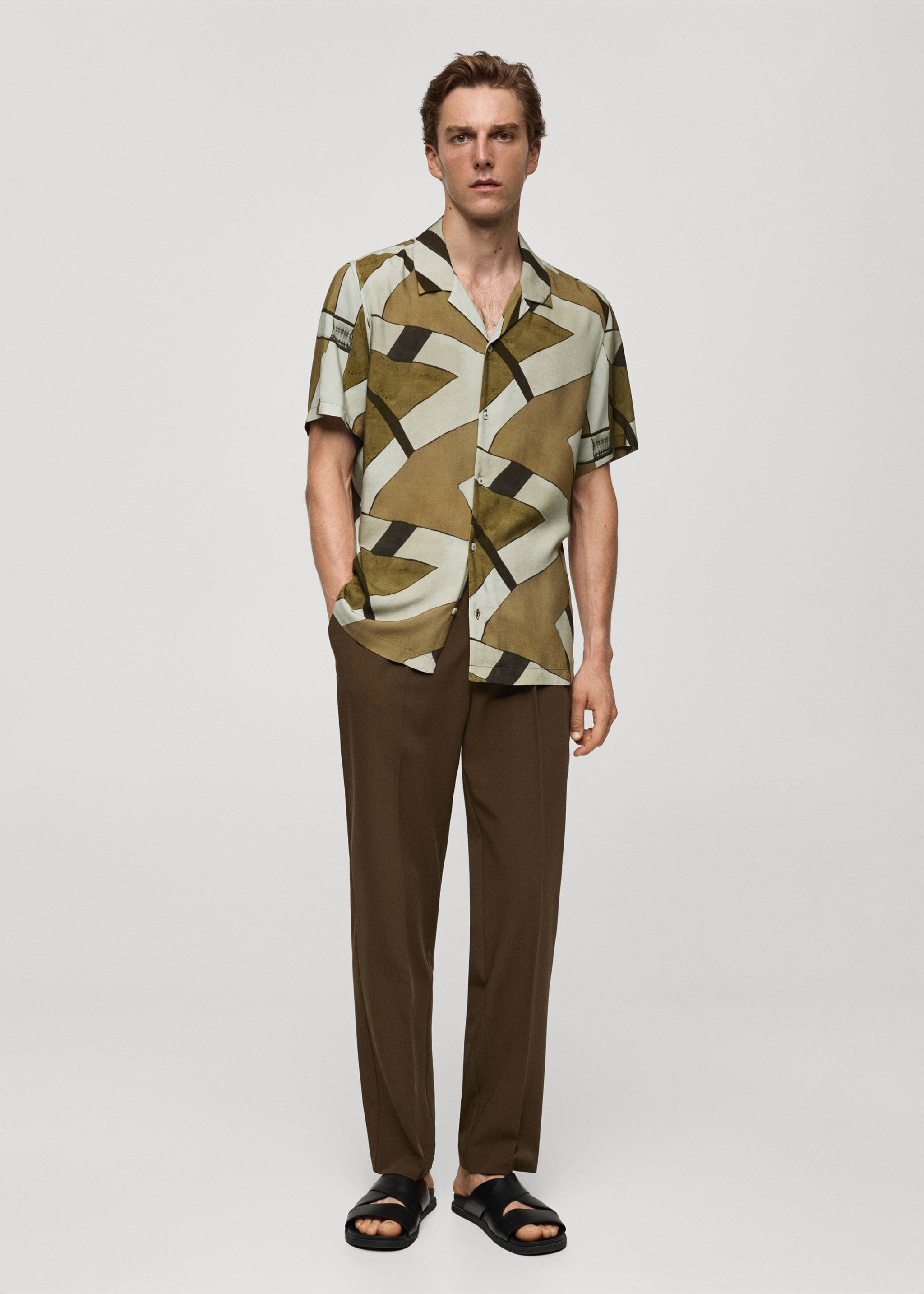 Printed flowing shirt with bowling collar - General plane, Dark Green. Ref: 77024455-00.