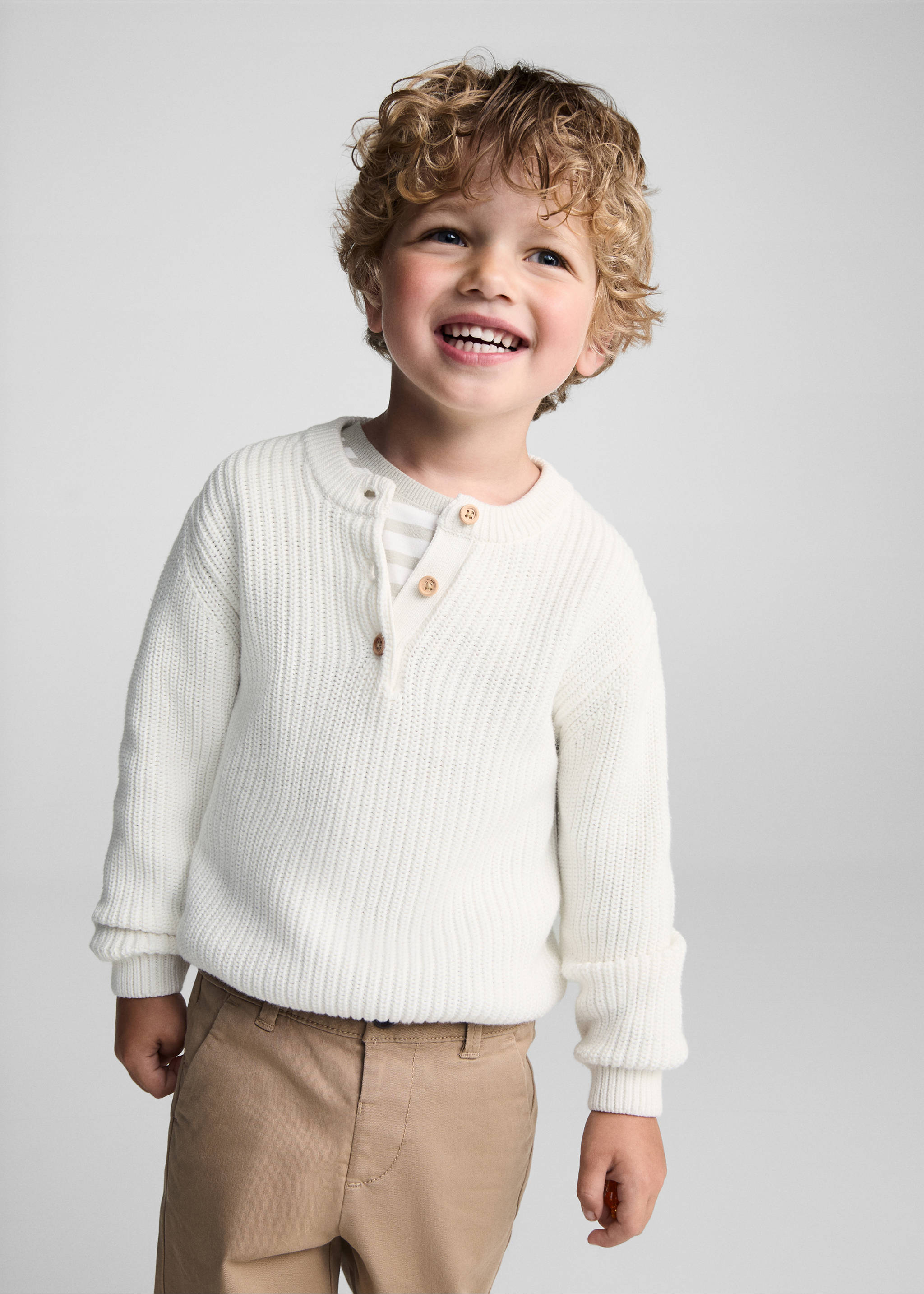 Buttoned collar knit sweater - Medium plane, Off White. Ref: 77024778-00.