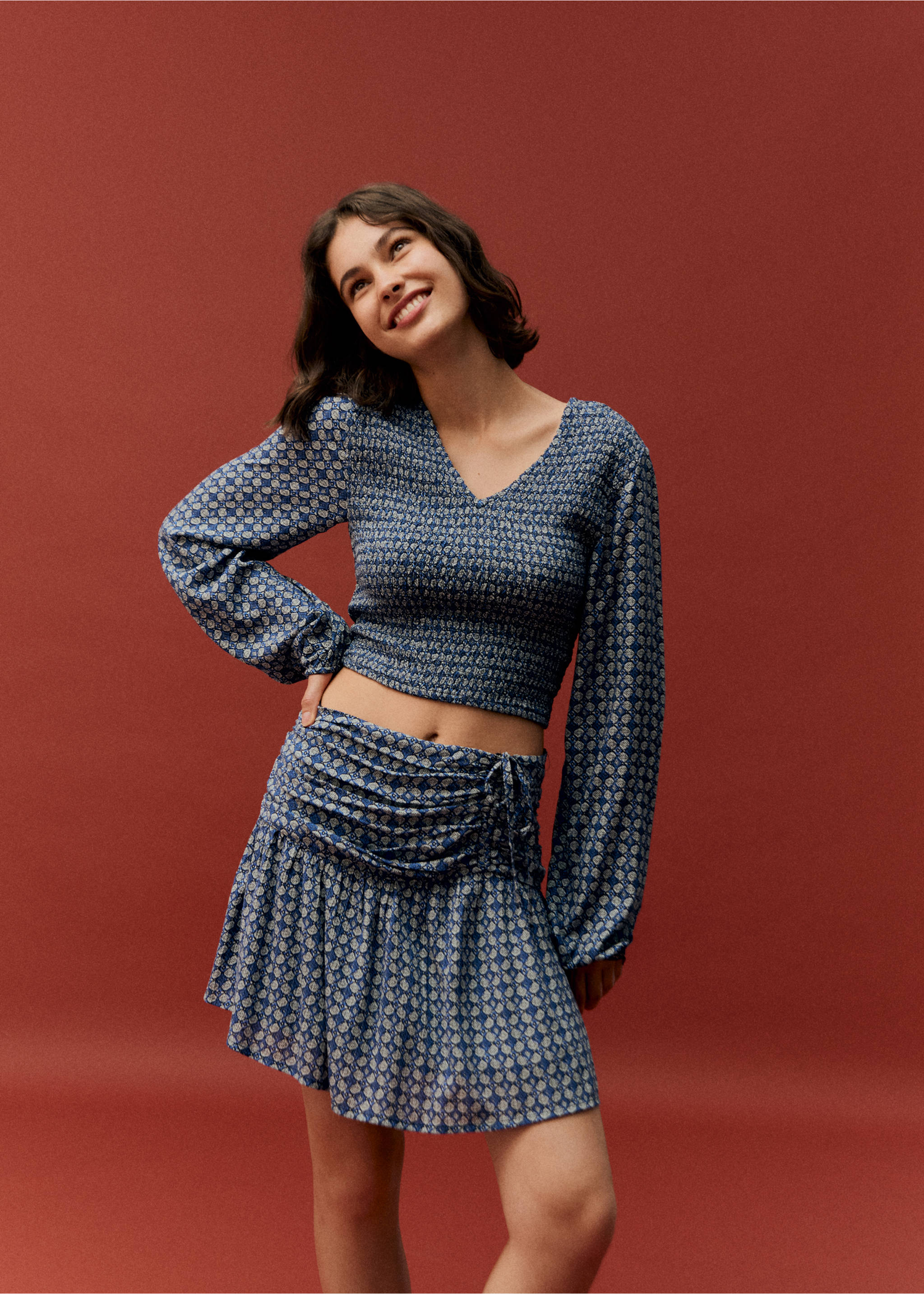 Printed pleated skirt - Details of the article 5, Dark Navy. Ref: 77024788-00.