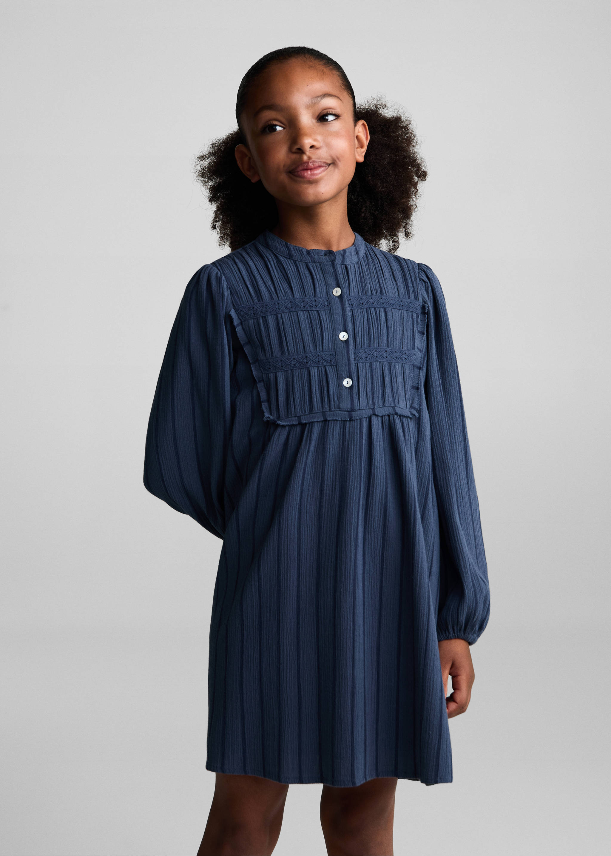 Puffed sleeves cotton dress - Medium plane, Petrol Blue. Ref: 77024789-00.