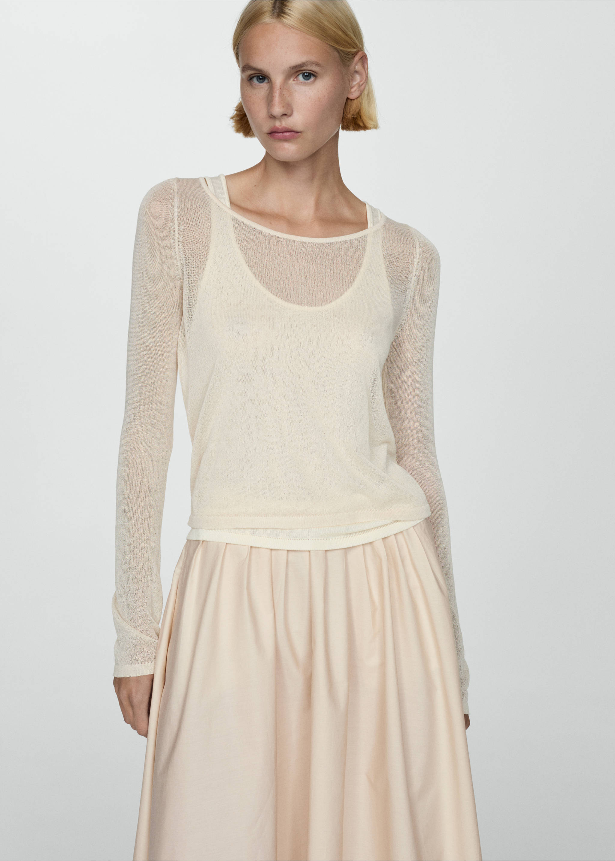 Pleated midi-skirt - Details of the article 1, Beige. Ref: 77024791-00.