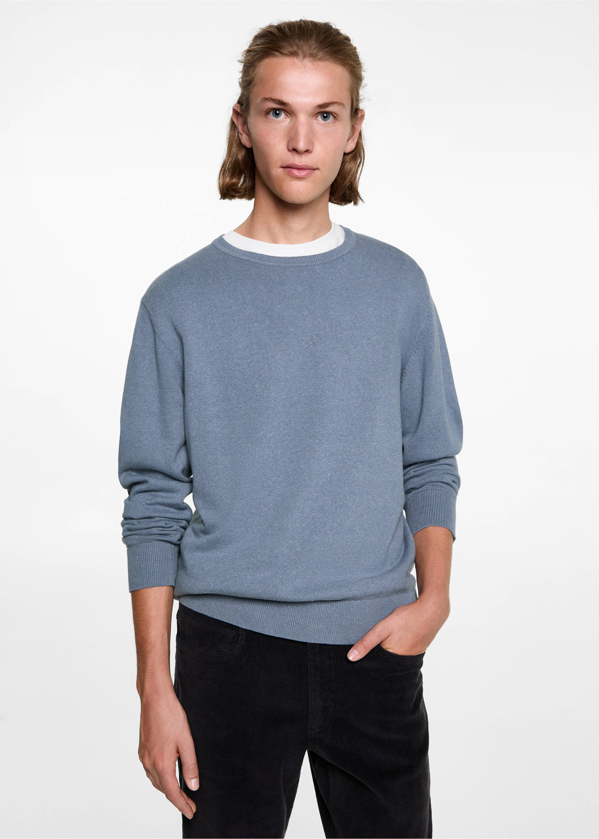 Round-neck knitted sweater - Medium plane, Blue. Ref: 77025634-00.