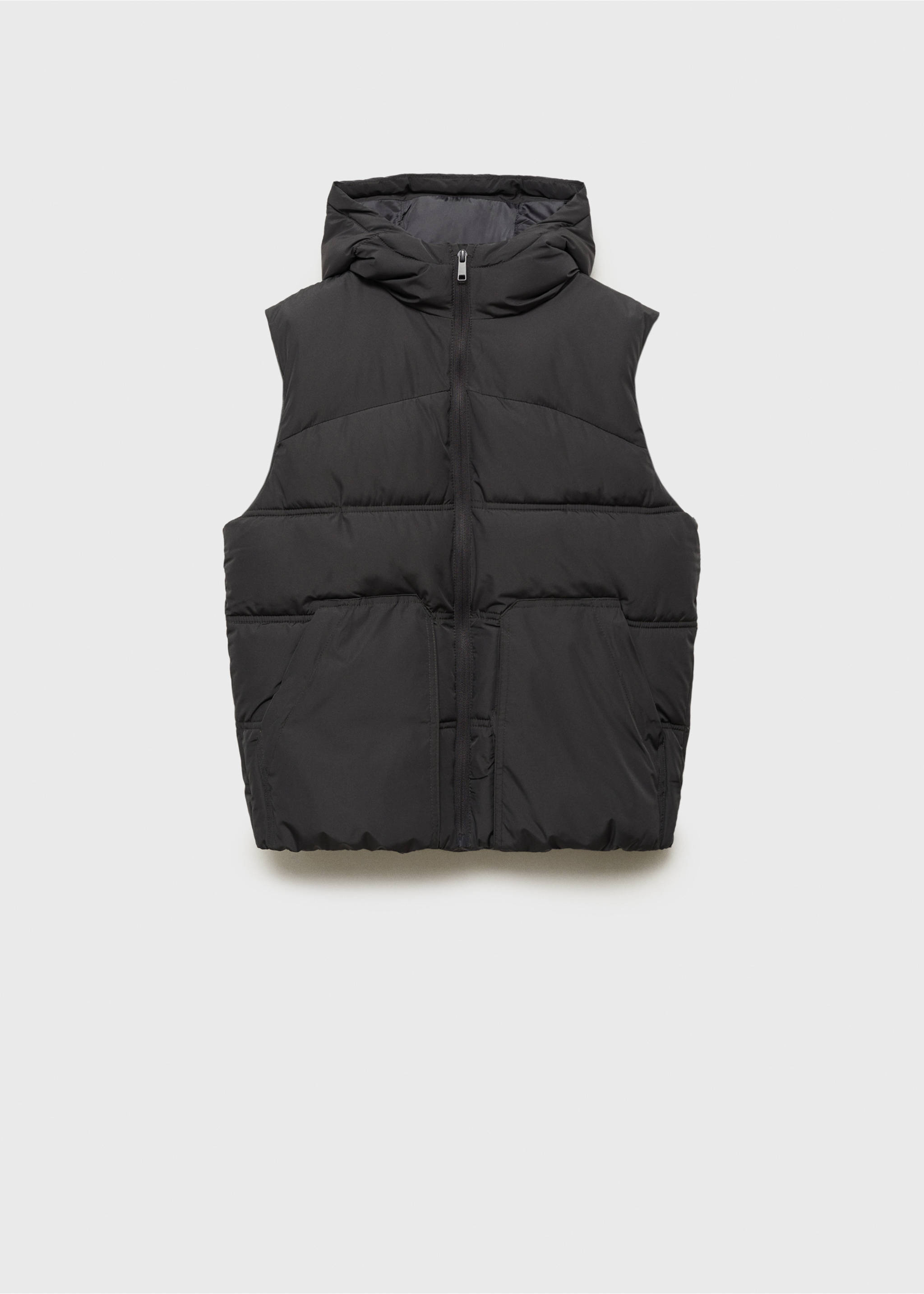 Quilted gilet with hood - Article without model, Charcoal. Ref: 77025635-00.