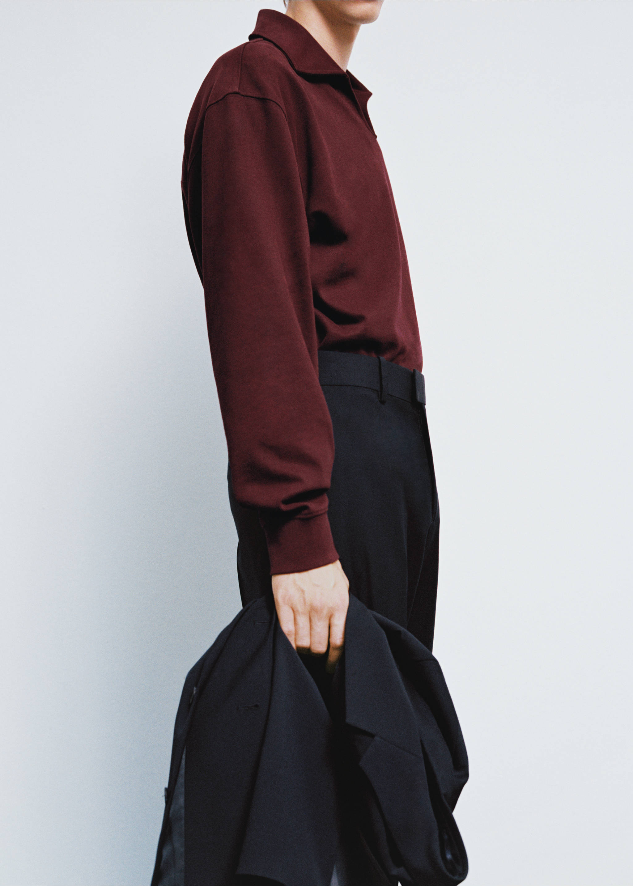 Oversized relaxed-fit polo-neck sweatshirt - Details of the article 3, Burgundy. Ref: 77025641-00.