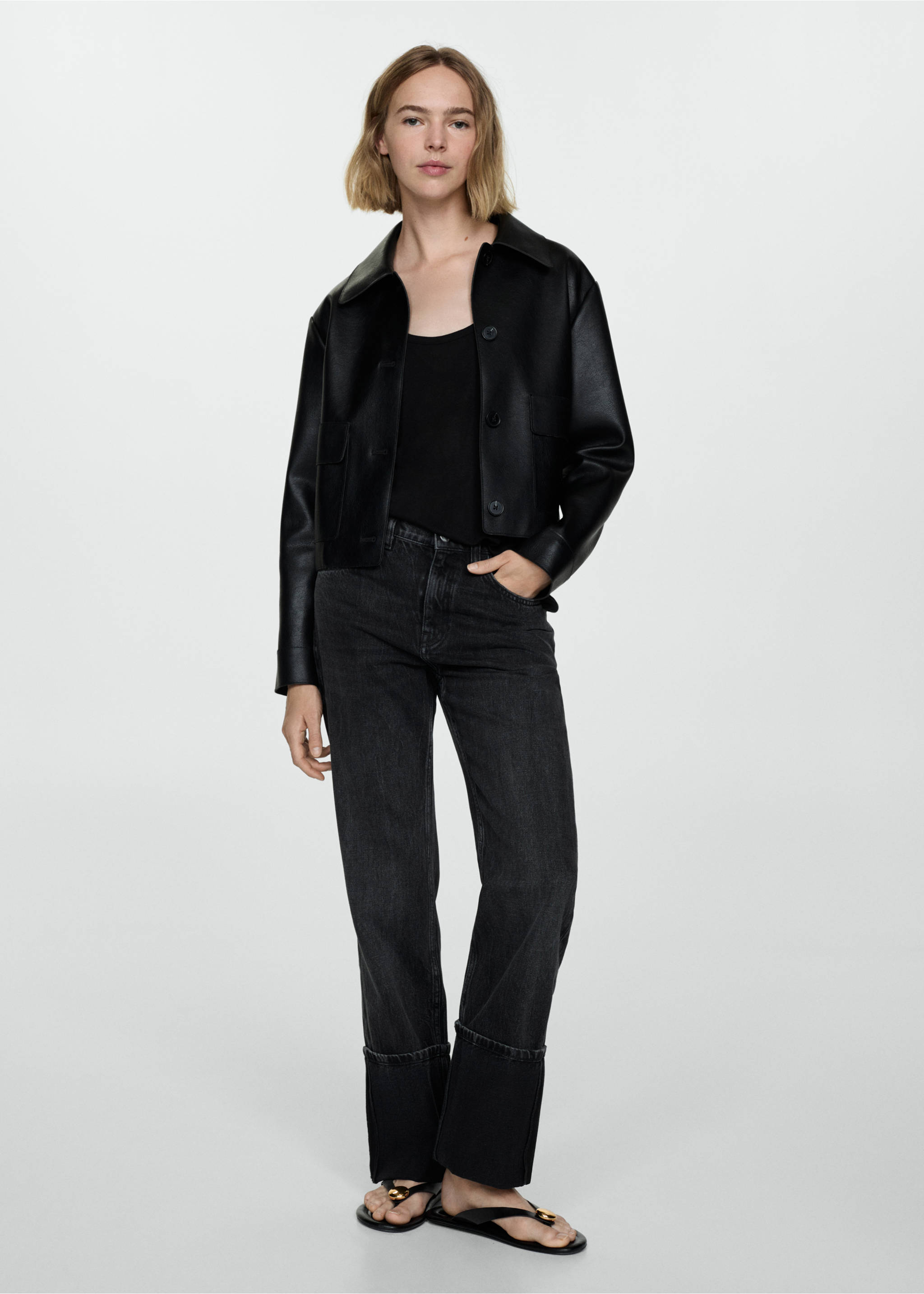 Turned-up straight jeans - General plane, Black denim. Ref: 77025654-00.