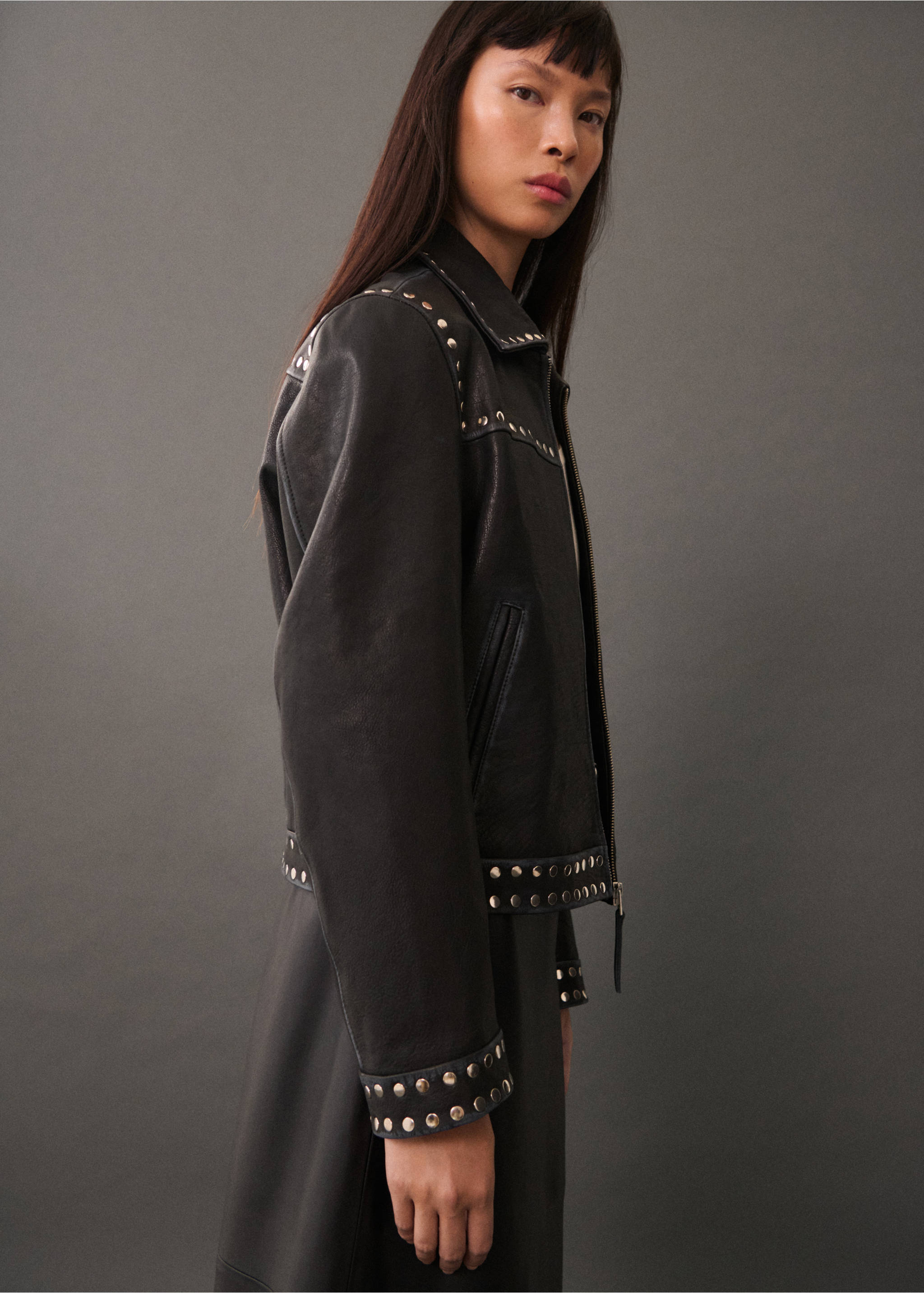 Studded leather jacket - Medium plane, Black. Ref: 77025659-00.