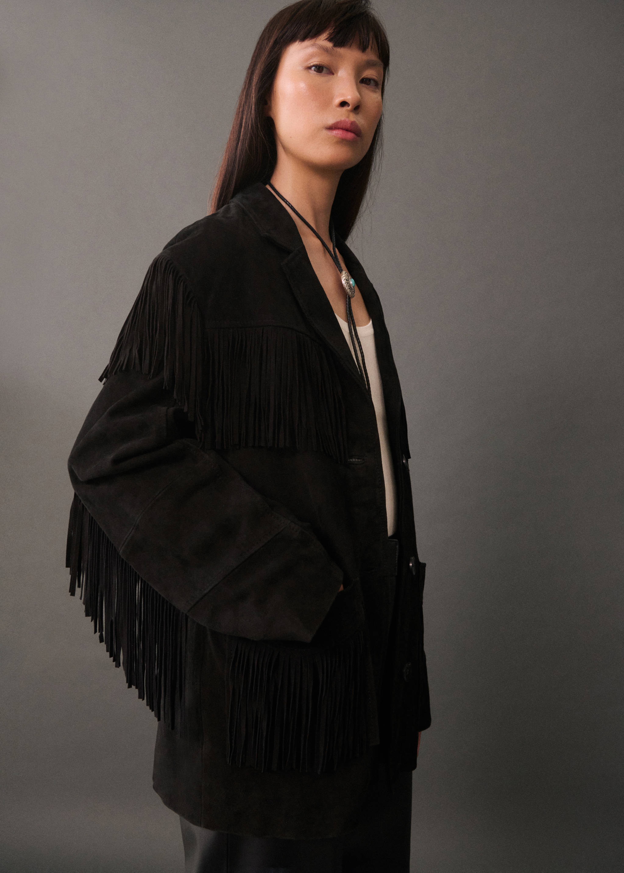 100% leather fringed jacket - Medium plane