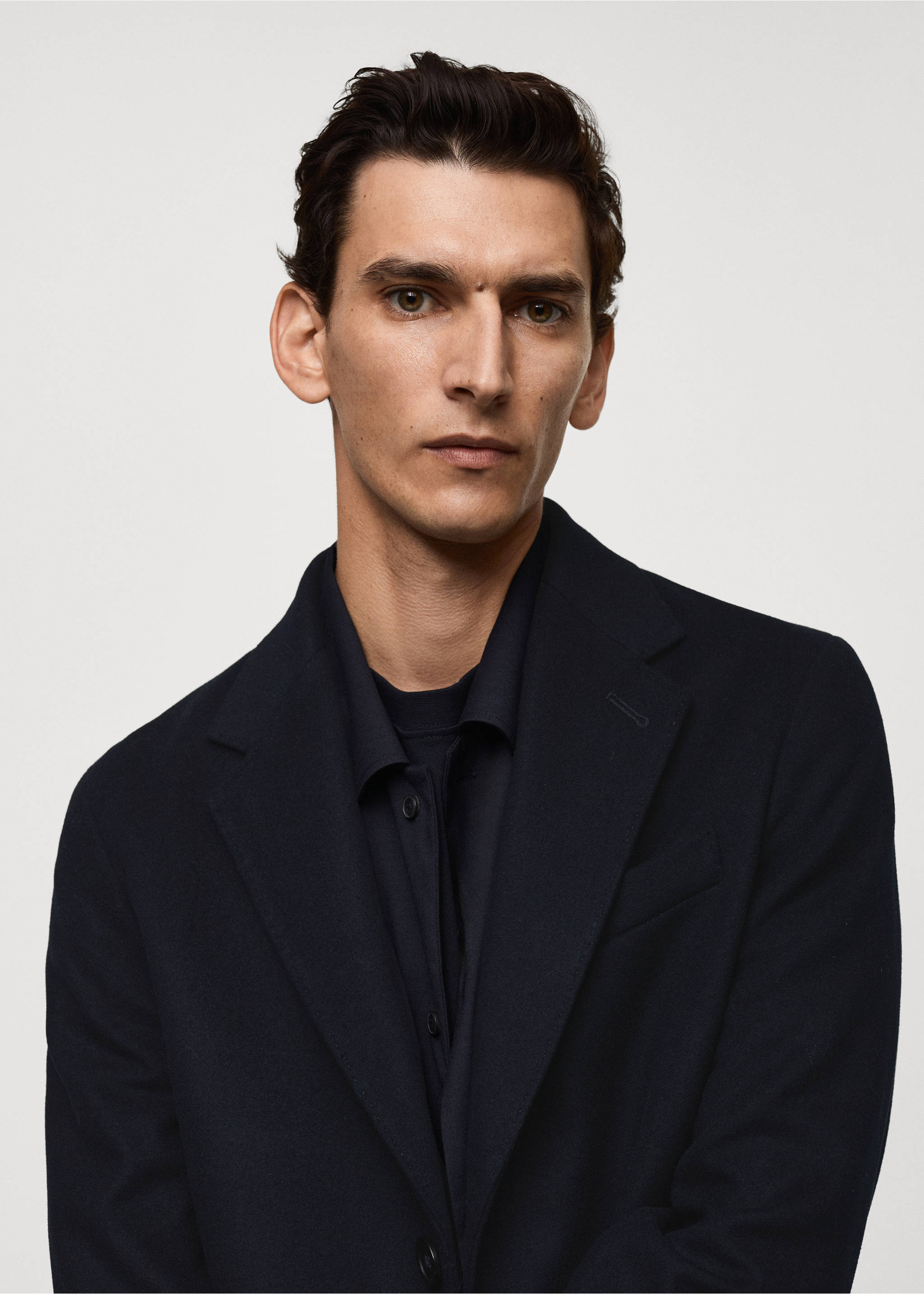 Long recycled wool coat - Details of the article 1, Dark Navy. Ref: 77025968-00.