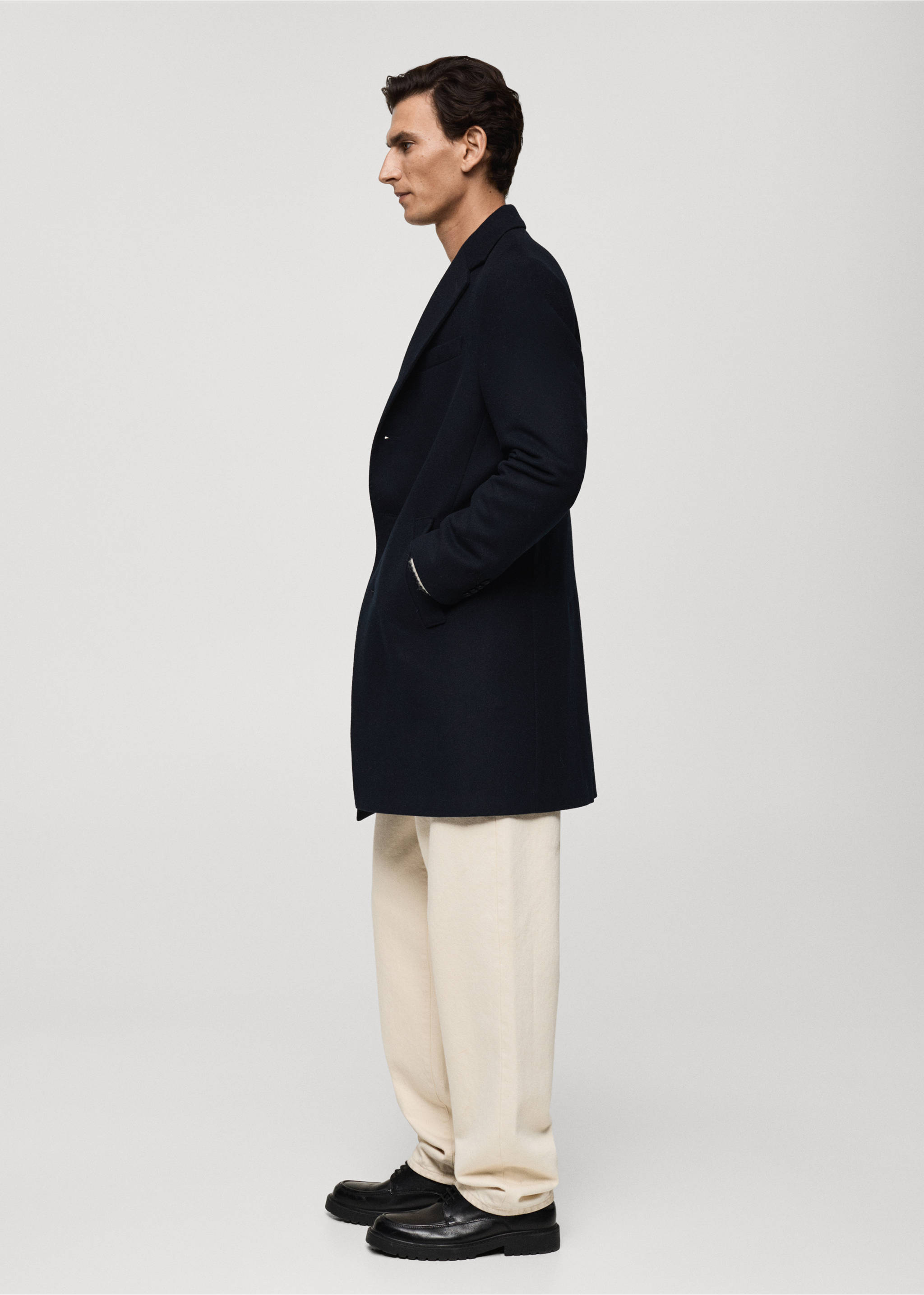 Long recycled wool coat - Details of the article 2, Dark Navy. Ref: 77025968-00.