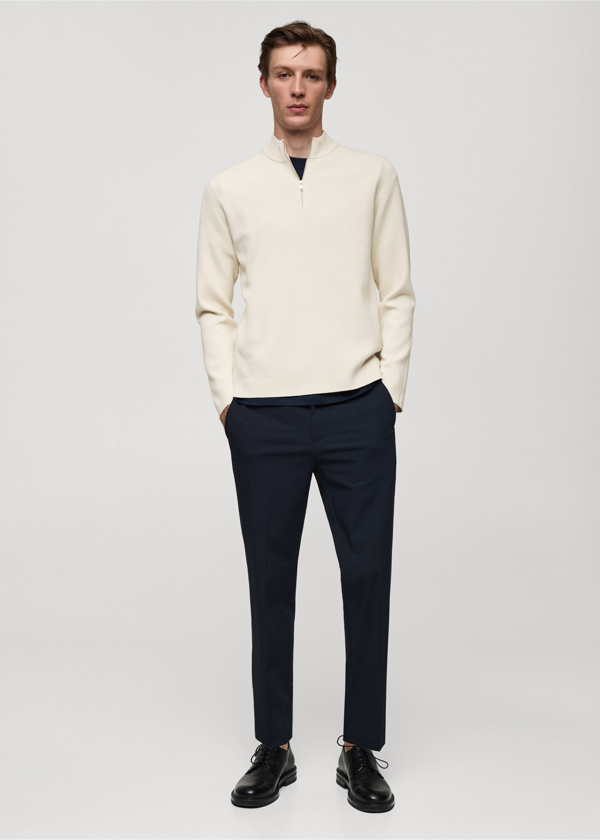 Medium-knit sweater with zip-up perkins neck - General plane, Ivory White. Ref: 77025975-00.