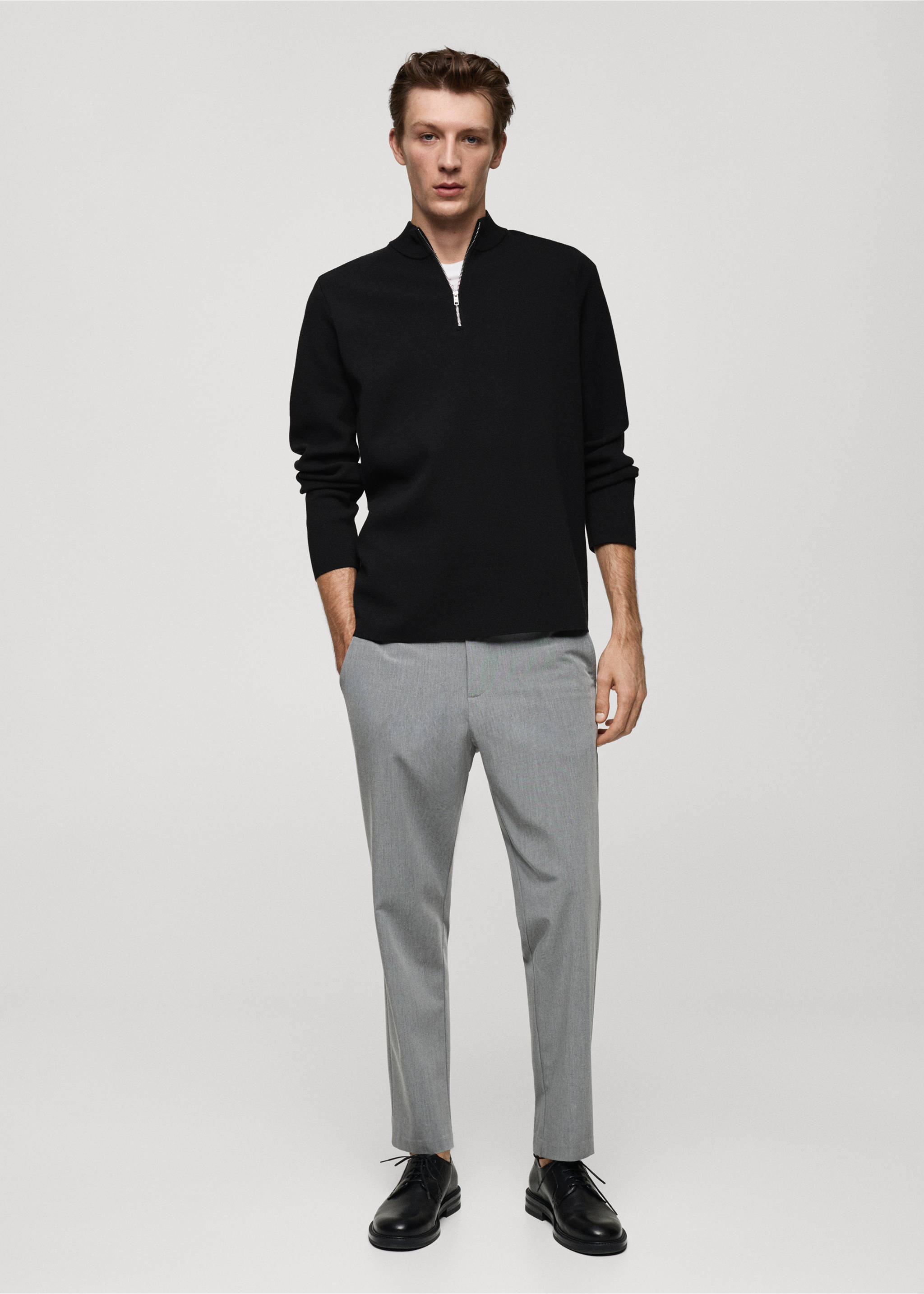 Medium-knit sweater with zip-up perkins neck - General plane, Black. Ref: 77025975-00.