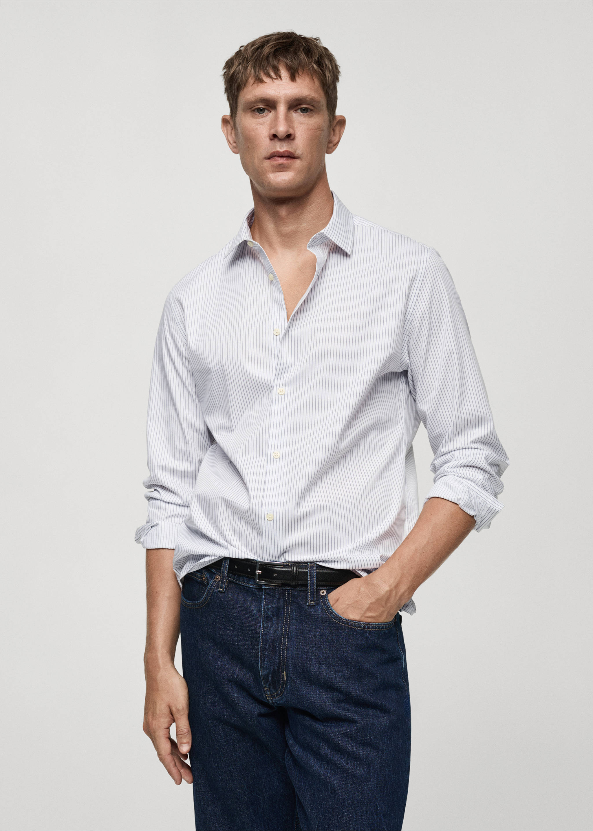Slim fit striped cotton shirt - Medium plane, White. Ref: 77025981-00.