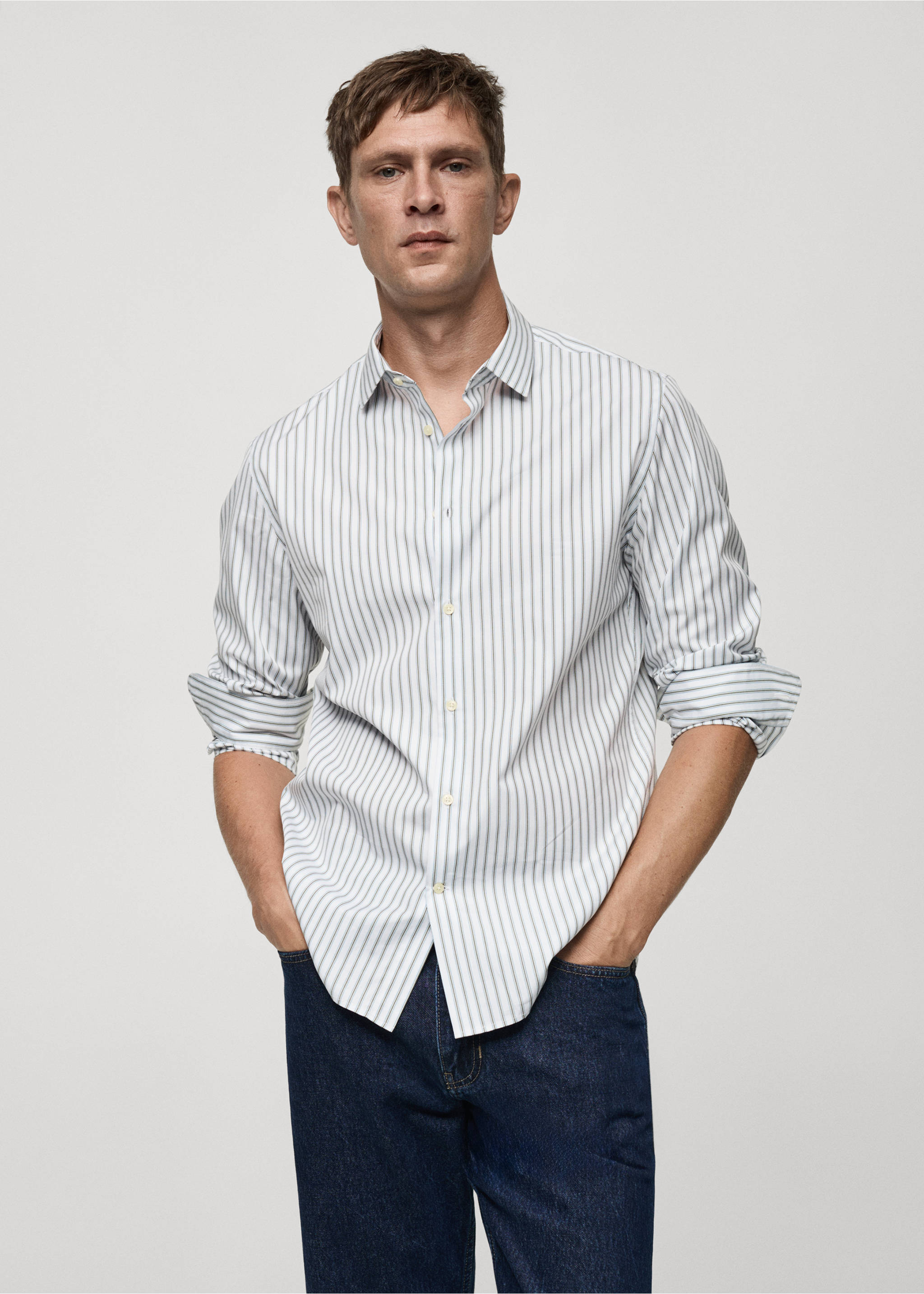 Slim fit striped cotton shirt - Medium plane, Khaki. Ref: 77025981-00.