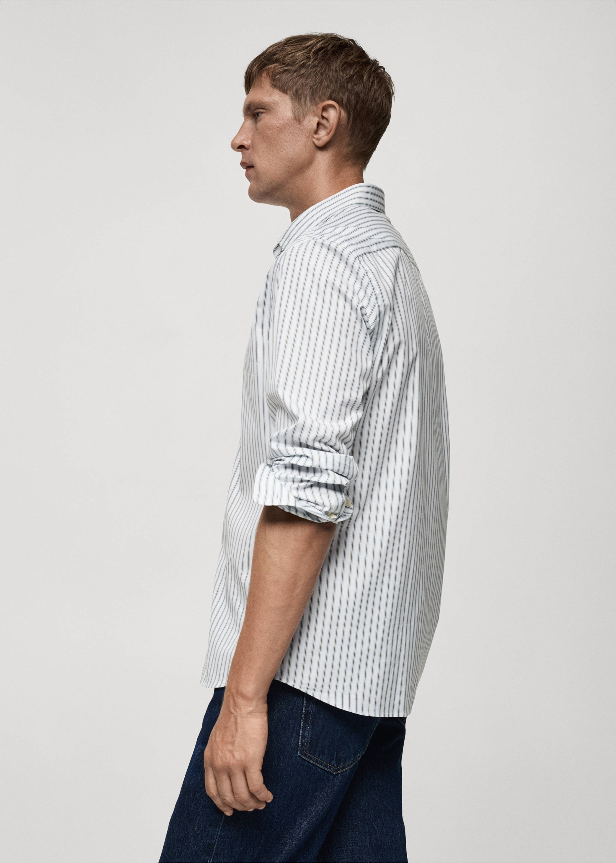 Slim fit striped cotton shirt - Details of the article 2, Khaki. Ref: 77025981-00.